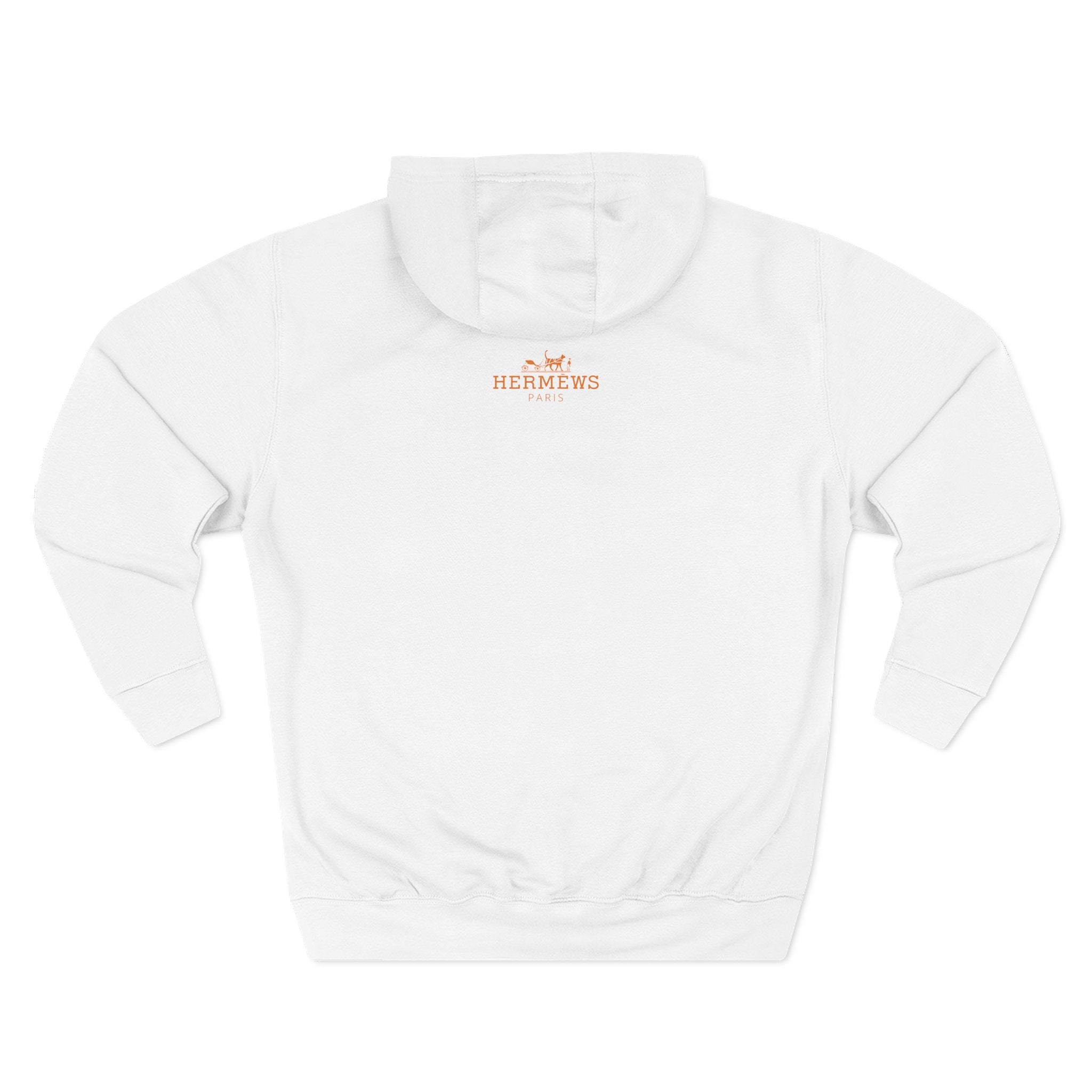 Back view of Hermèws white hoodie with sunset cat artwork, cat theme clothes