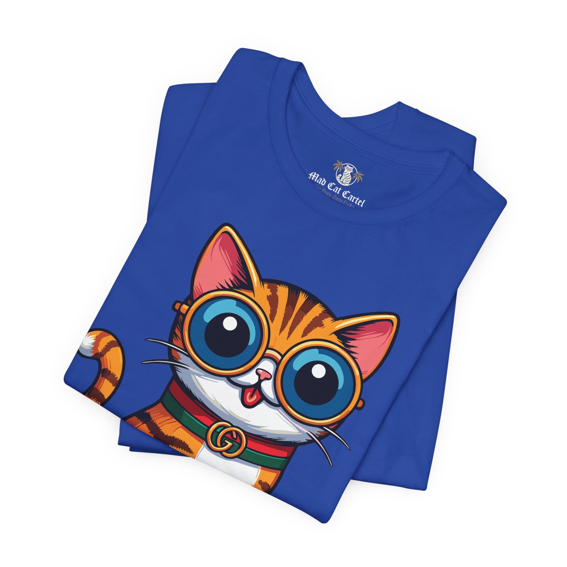 Folded Mewcci Iconic Box Cat Graphic T Shirt in True Royal