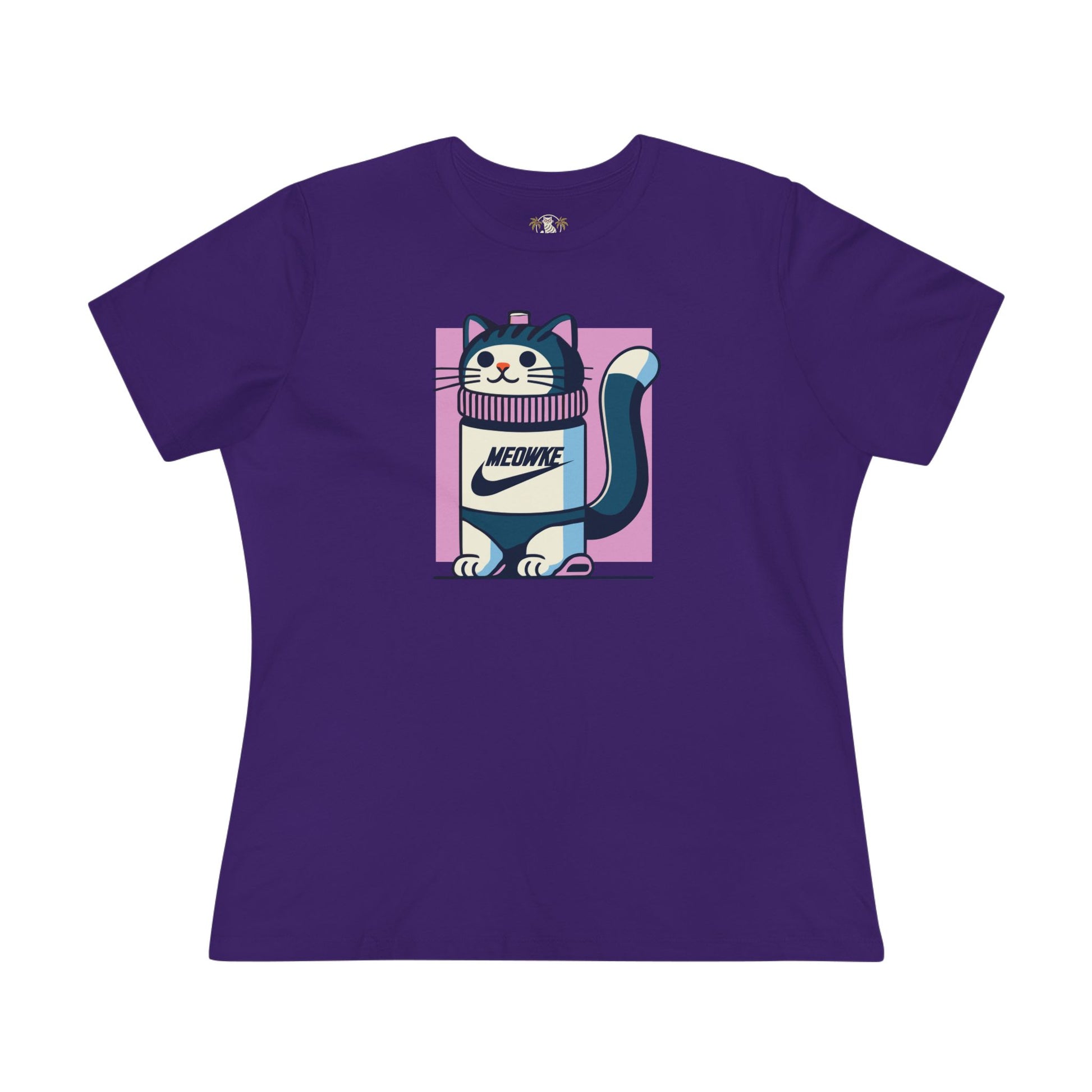 Front view Meowke Cat Bottle Graphic Women's T Shirt in purple – cat shirt for women