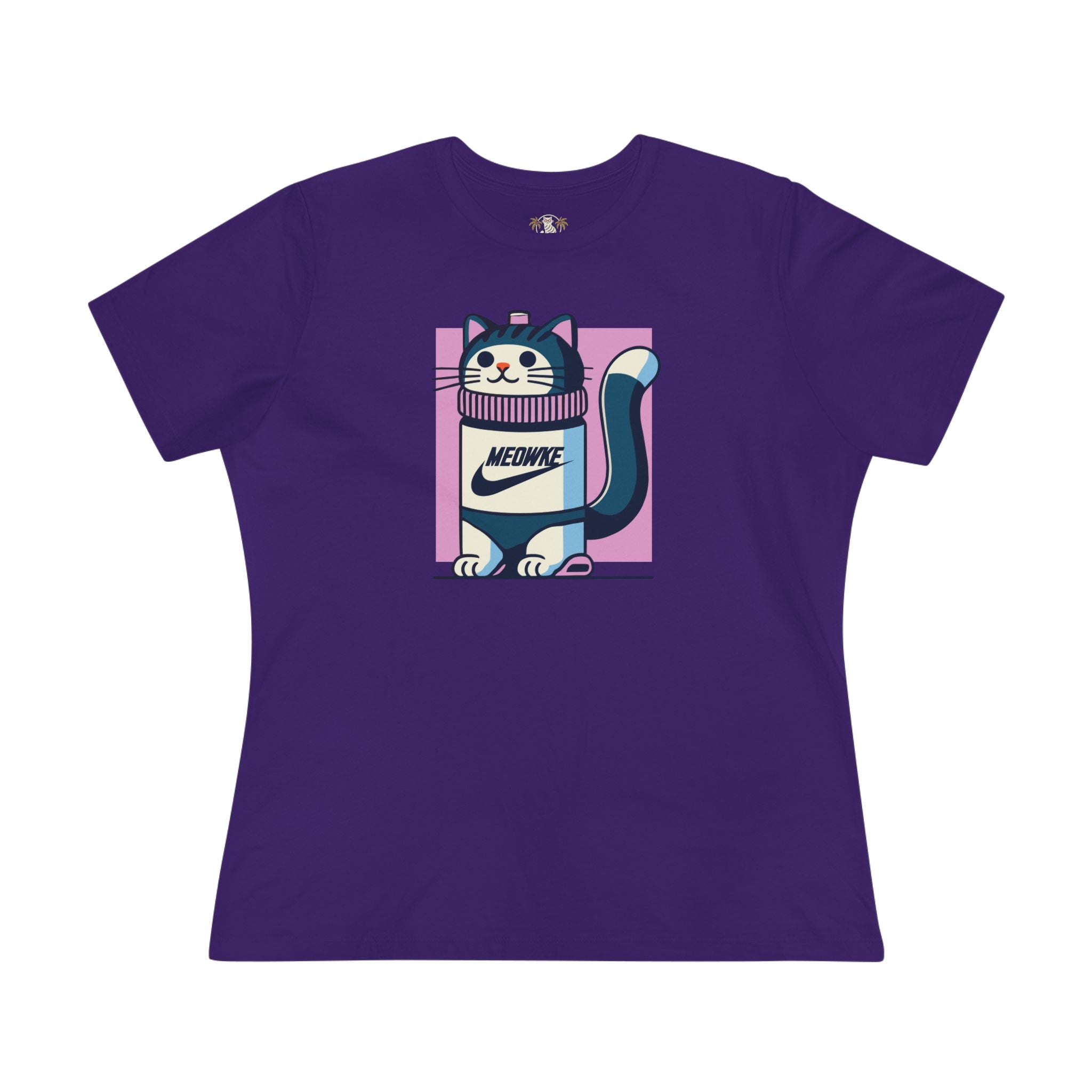 Front view Meowke Cat Bottle Graphic Women's T Shirt in purple – cat shirt for women
