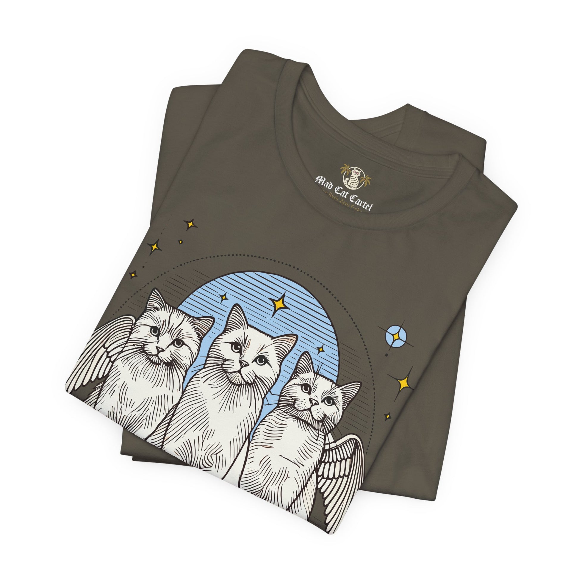 Folded Army green Paw Angels Holy Trinity t shirts – gifts for cat lovers

