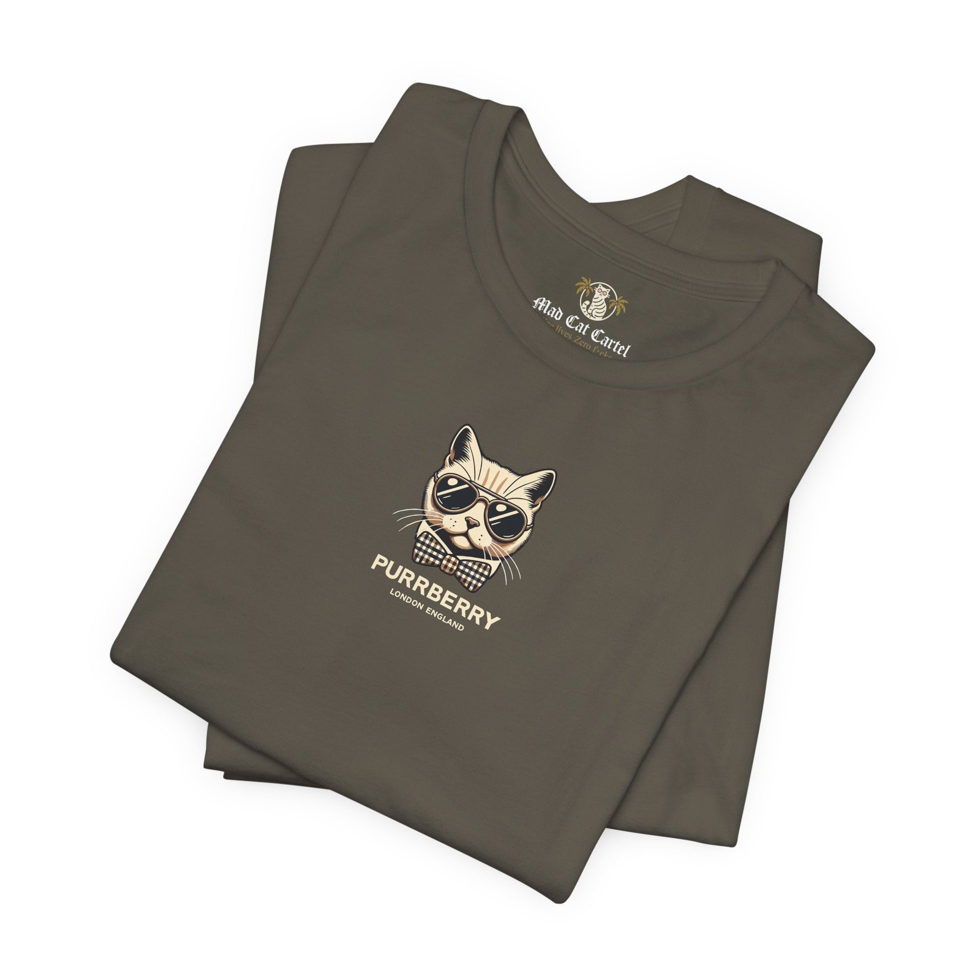 folded purrberry london mini crest cat graphic t shirt army green cool cat shirts for men