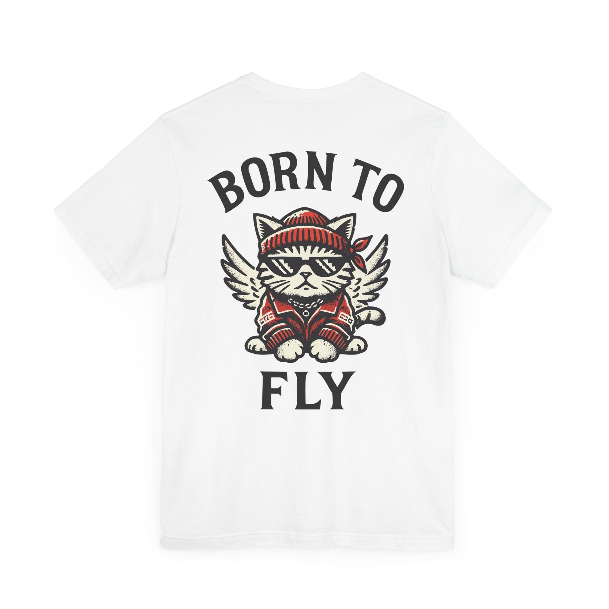 White Paw Angels Born to Fly graphic cat t-shirt on hanger – cats t shirt design