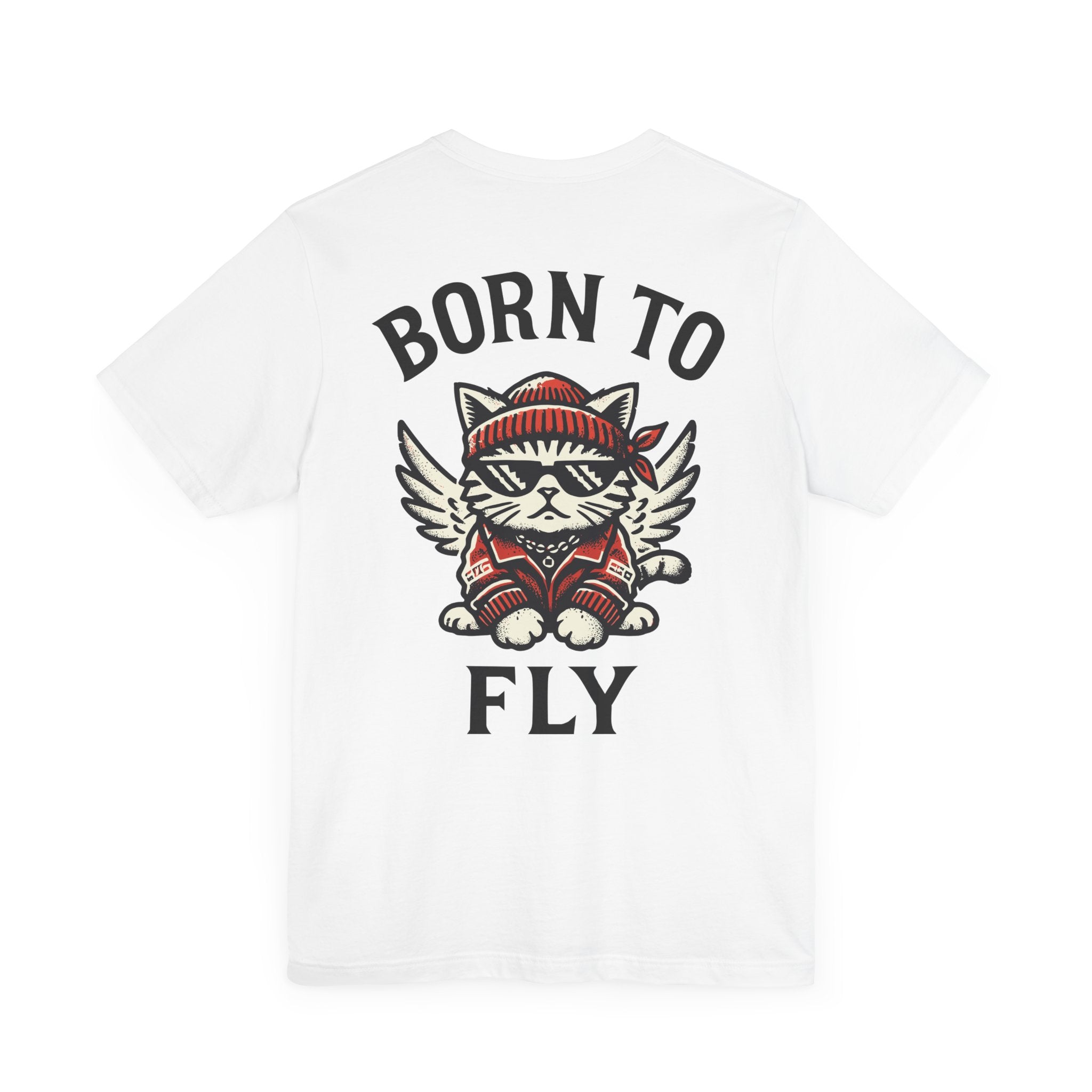 White Paw Angels Born to Fly graphic cat t-shirt on hanger – cats t shirt design