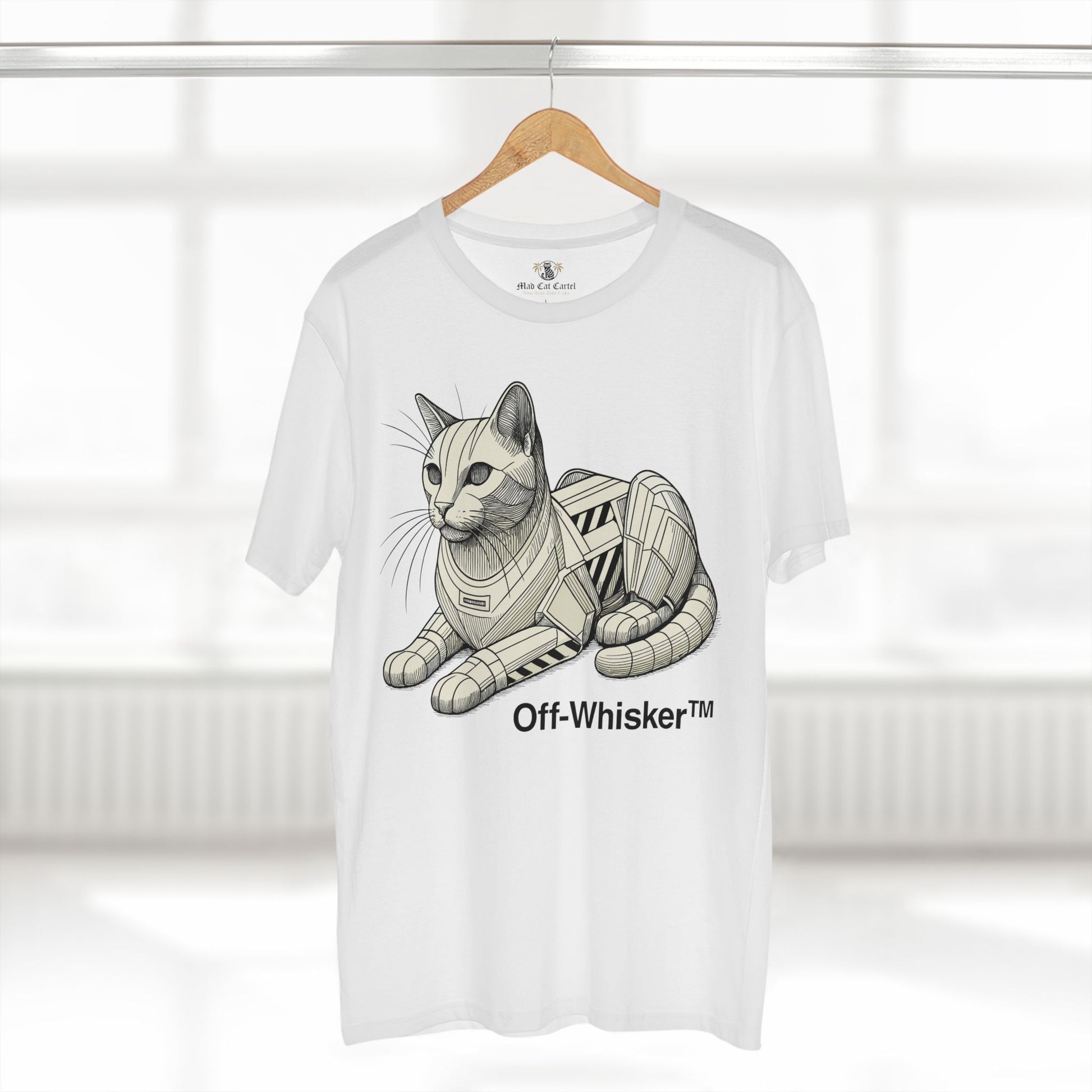 White Off-Whisker Mecha Cat Unit t-shirt on hanger – shirts for cat lovers, unisex design