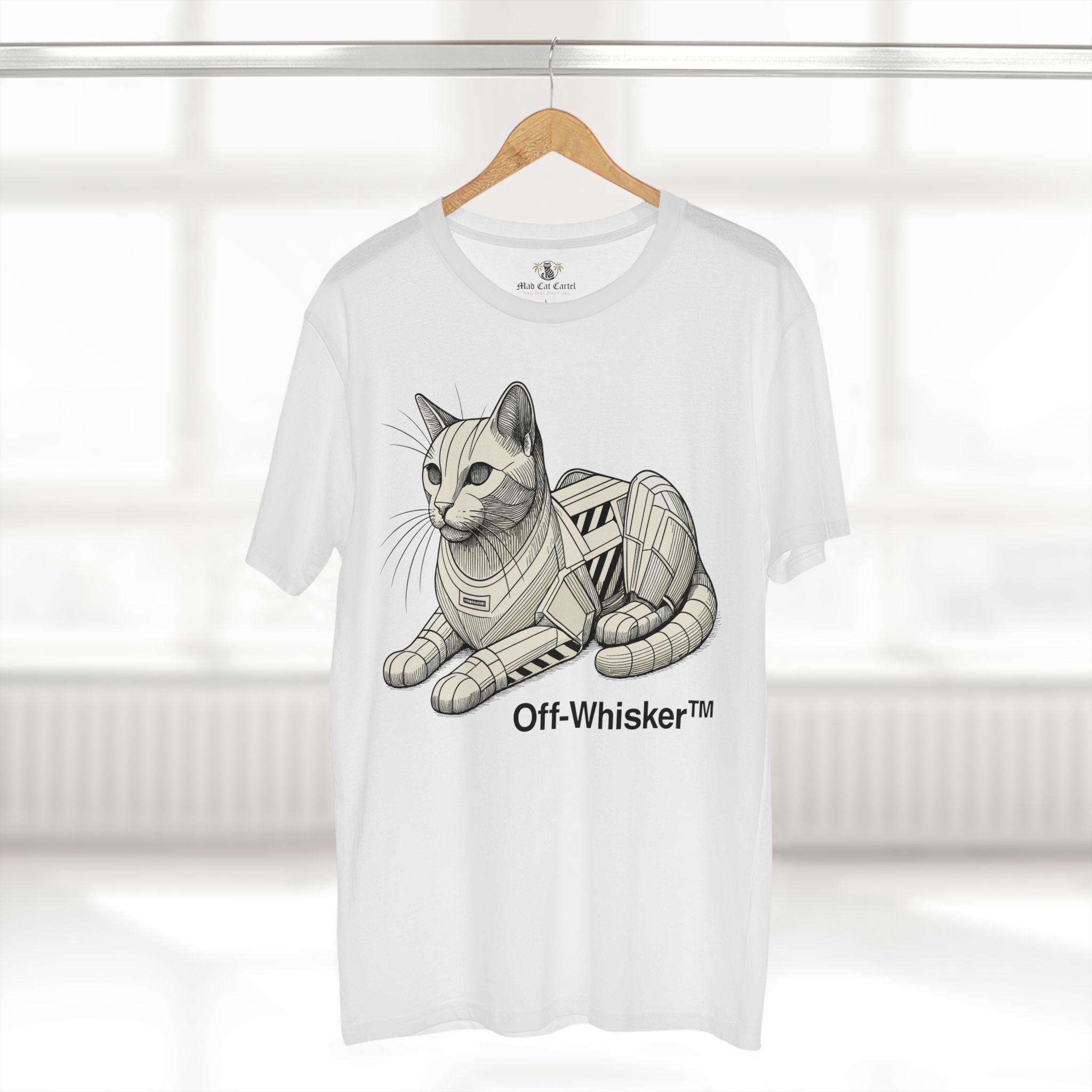 White Off-Whisker Mecha Cat Unit t-shirt on hanger – shirts for cat lovers, unisex design