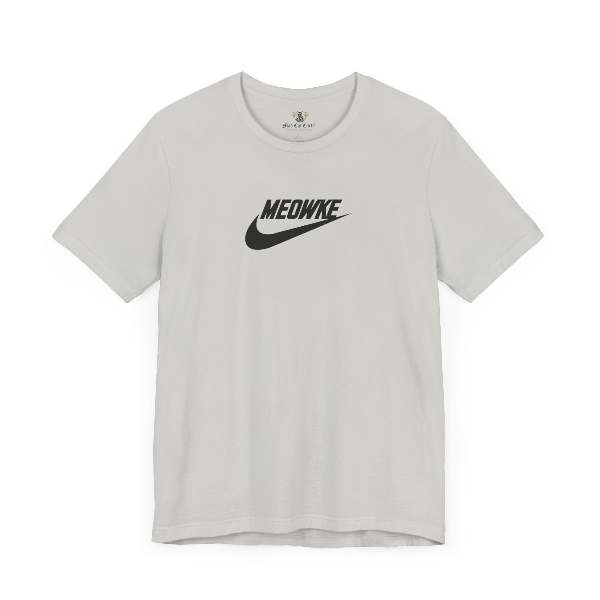 Funny t shirts for men – silver unisex tee, front view, black Meowke chest swoosh logo