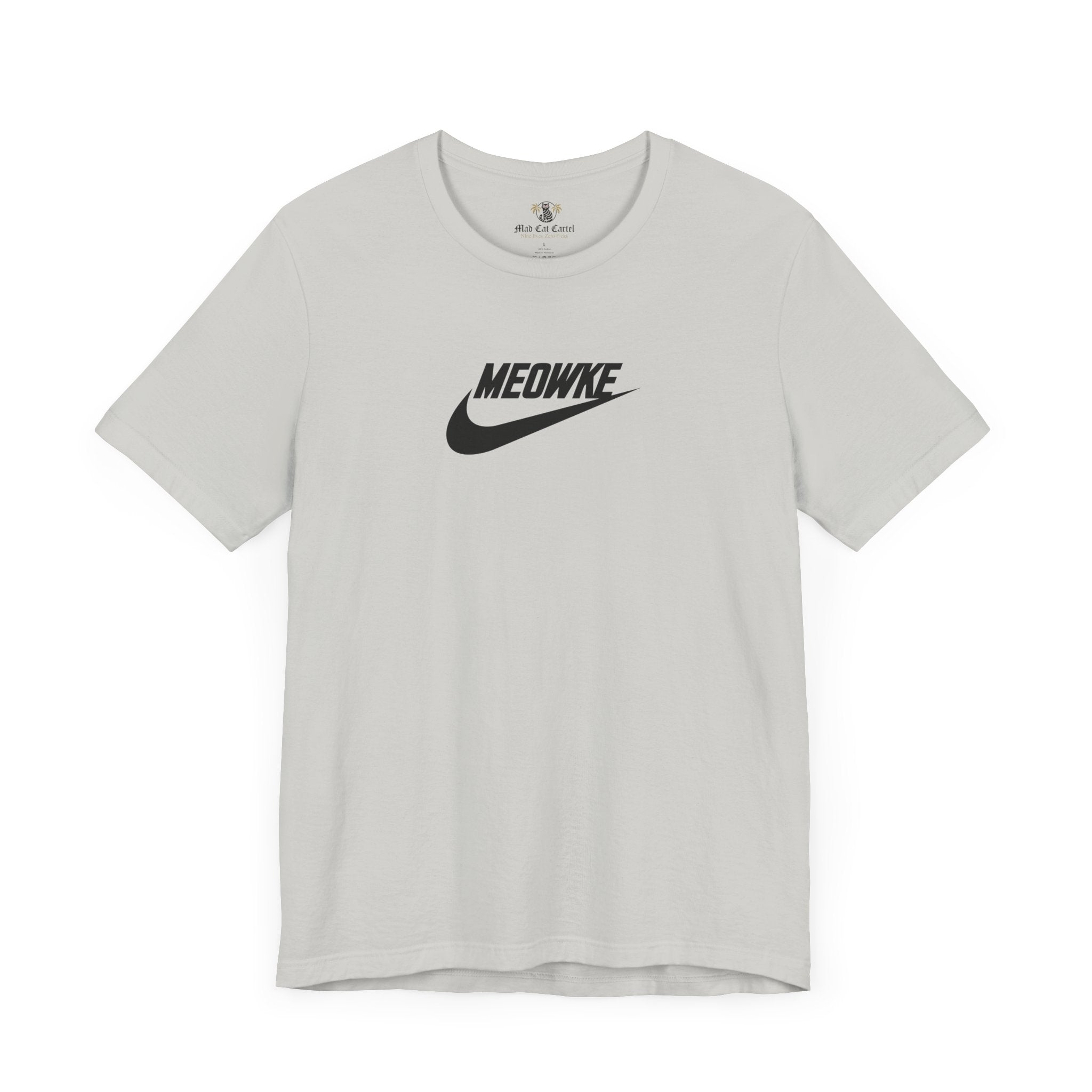 Funny t shirts for men – silver unisex tee, front view, black Meowke chest swoosh logo