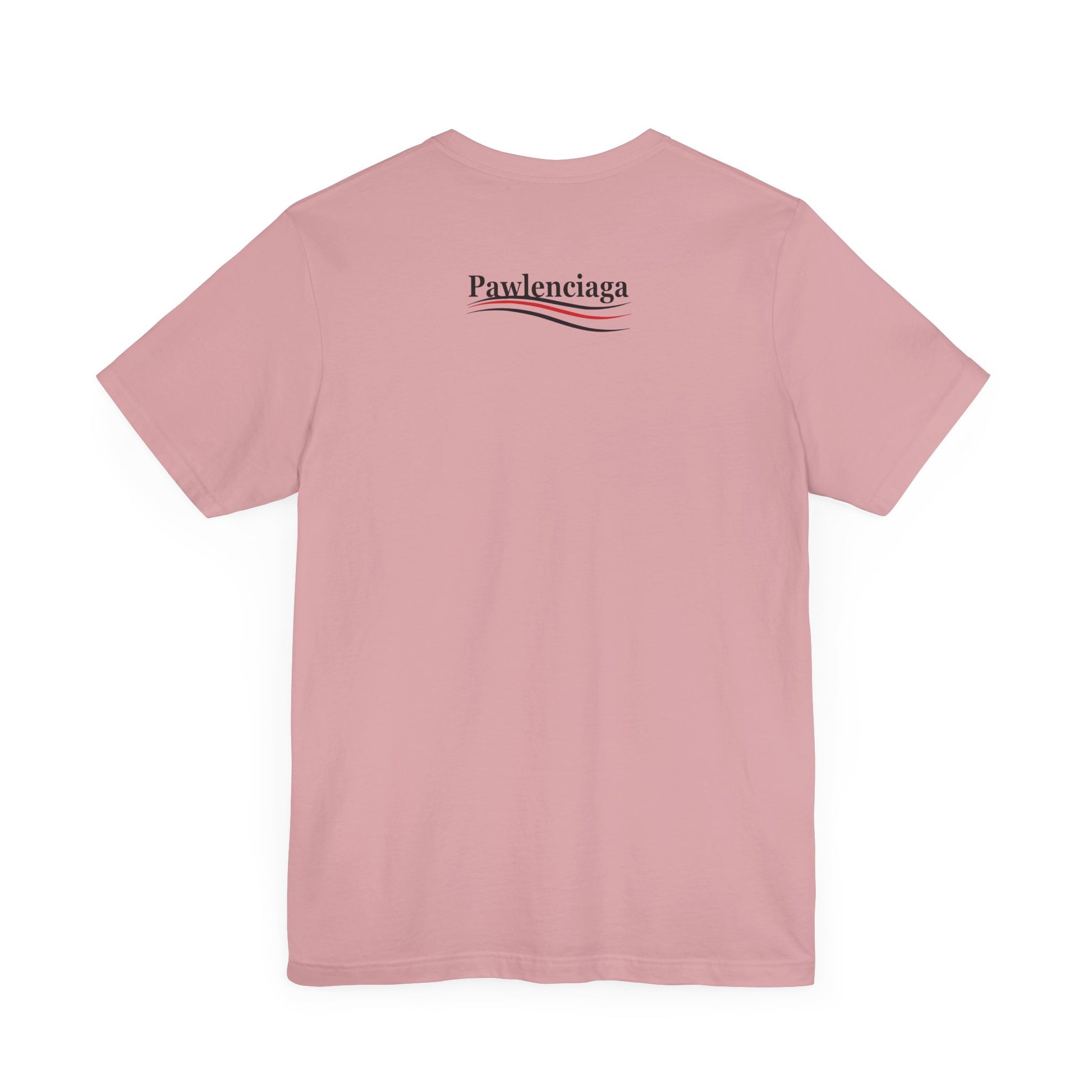 orchid pink Pawlenciaga cat tee, flat back, tee shirts with cats on them, back logo