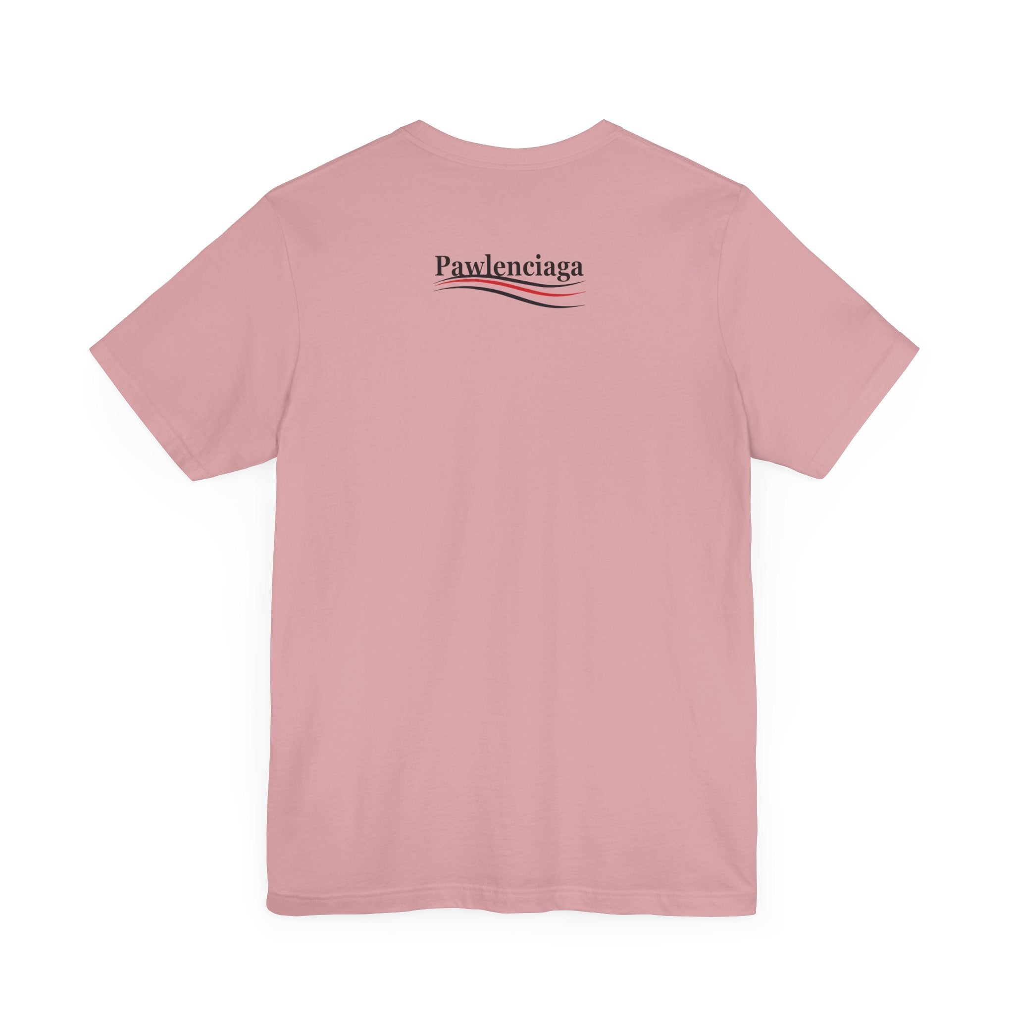 orchid pink Pawlenciaga cat tee, flat back, tee shirts with cats on them, back logo