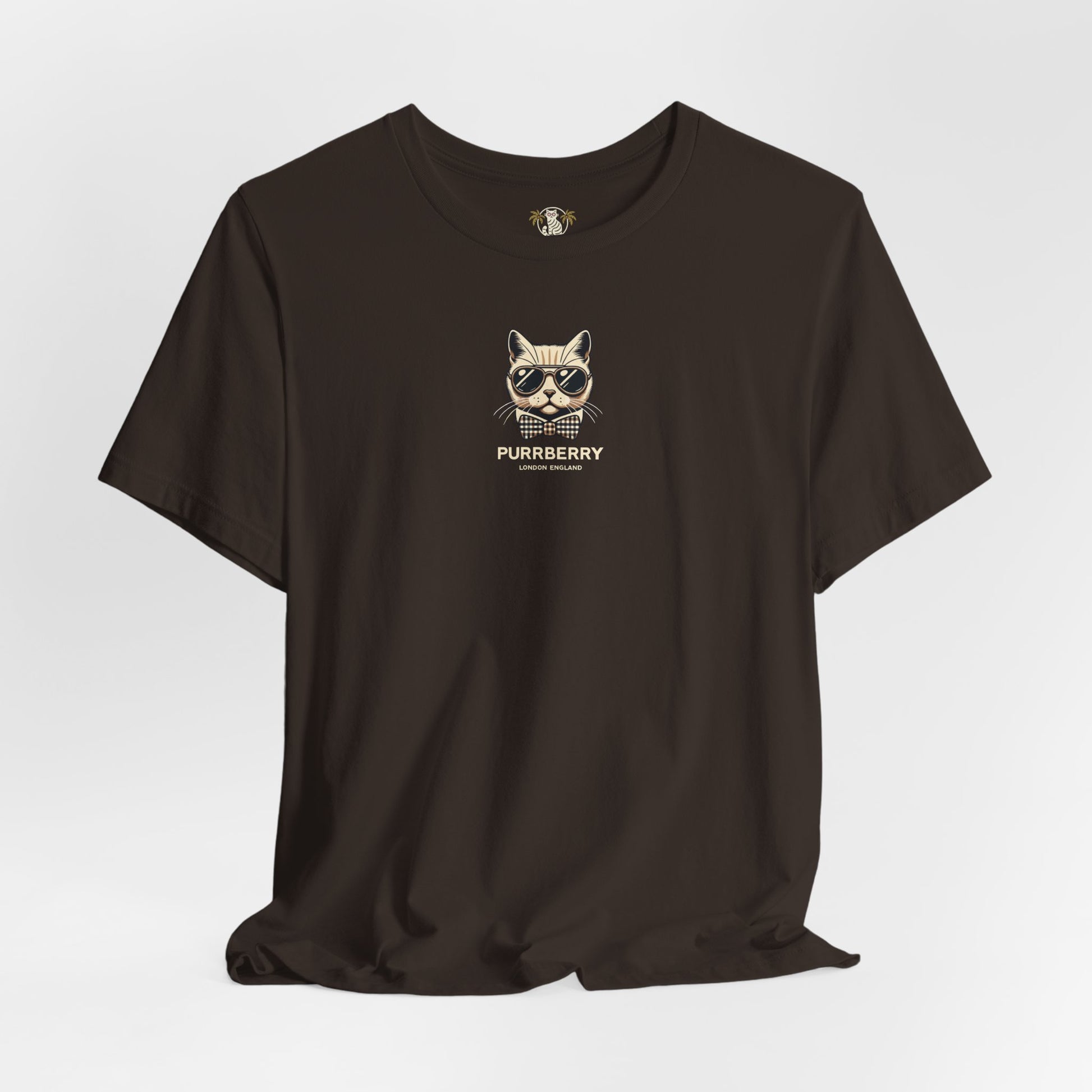 purrberry london mini crest cat graphic t shirt brown flat lay cool cat shirts for men