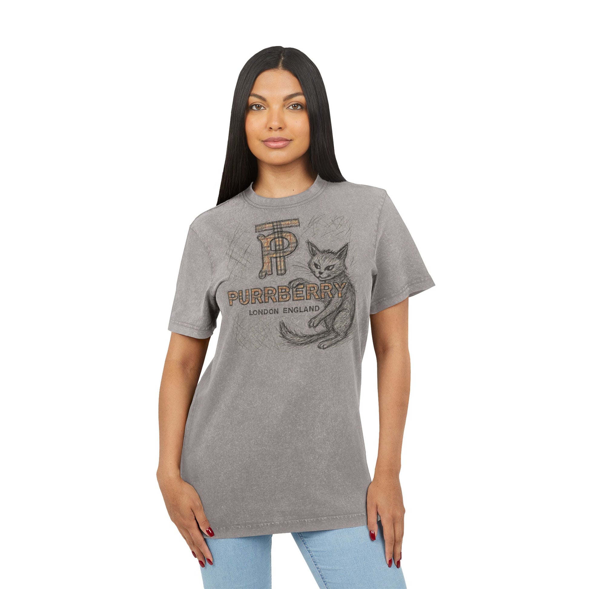 Female model wearing Purrberry Heritage Sketch Logo Asphalt Gray Acid Washed Cat Graphic T Shirt, cool cat shirt for women