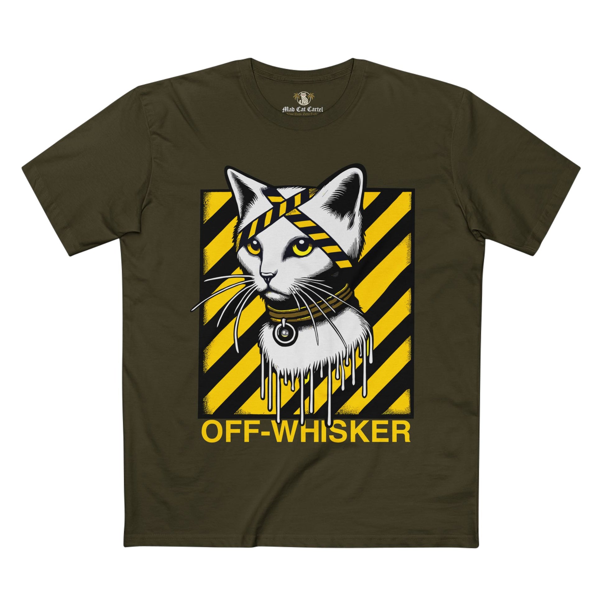 Army green Off-Whisker Industrial Drip cat lover t shirt – bold cat print tee shirt for casual style