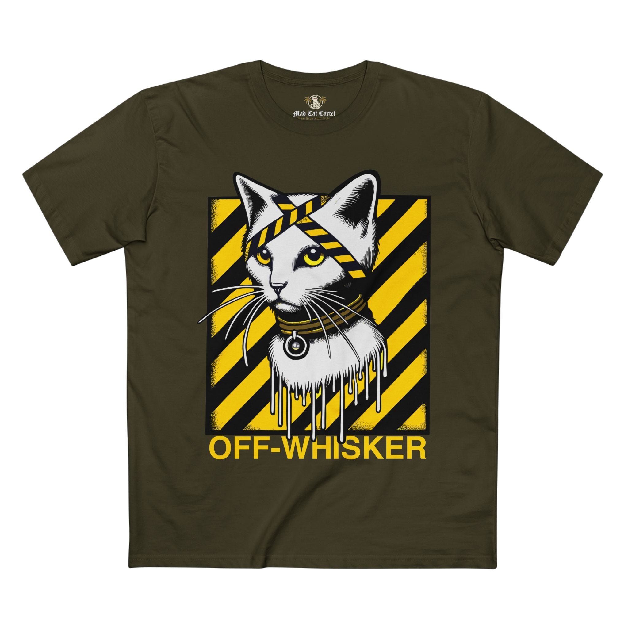 Army green Off-Whisker Industrial Drip cat lover t shirt – bold cat print tee shirt for casual style
