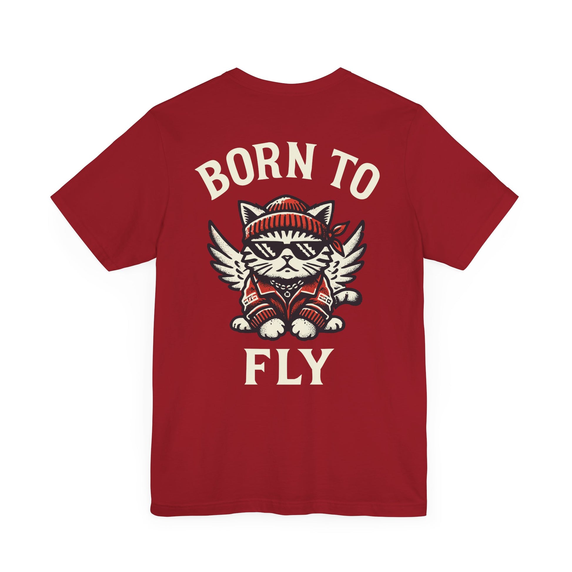 Back view of canvas red Paw Angels Born to Fly street angel cat t-shirt – cat lovers stuff apparel