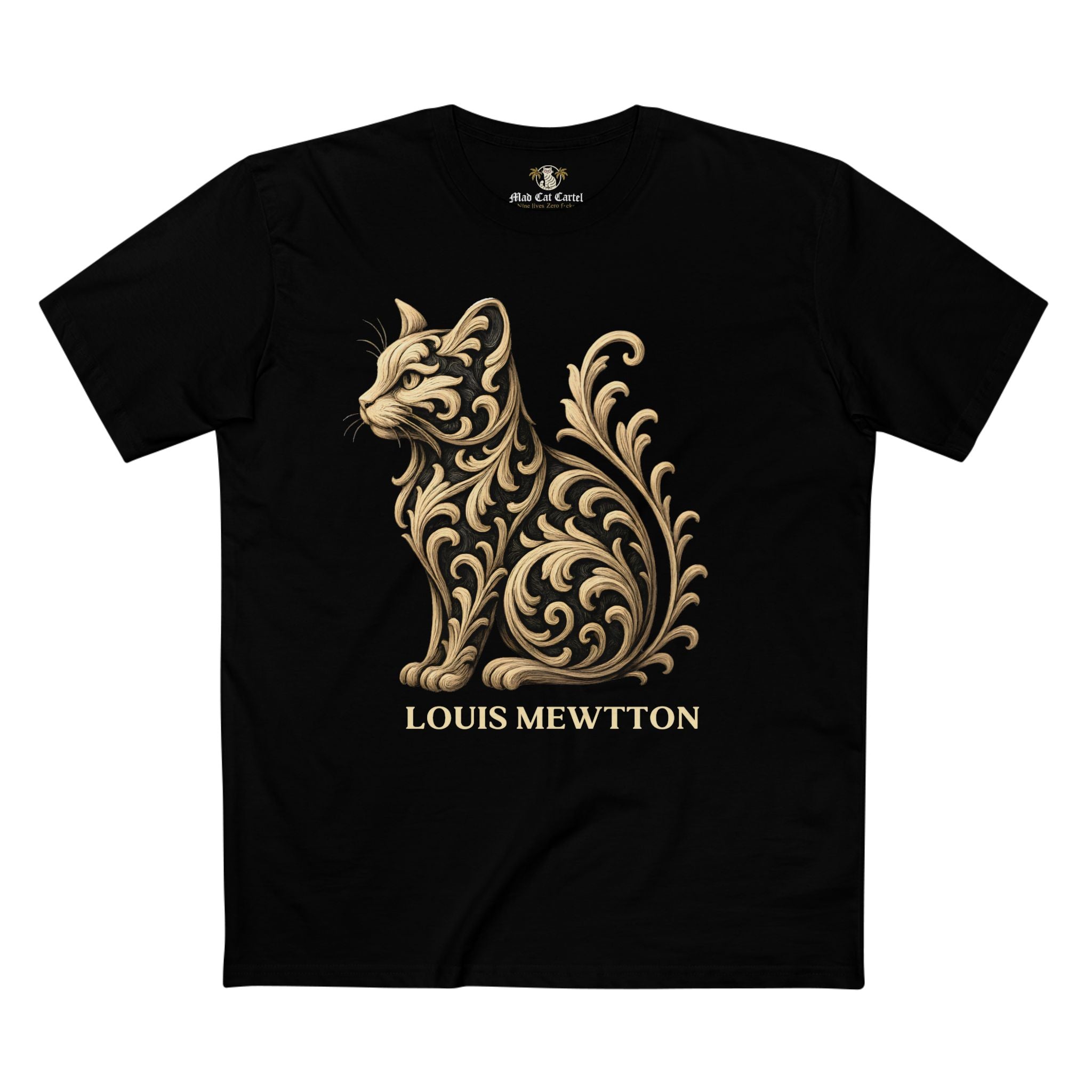 Louis Mewtton Prestige Cat Men's Graphic T Shirt black flat front with ornate gold cat design