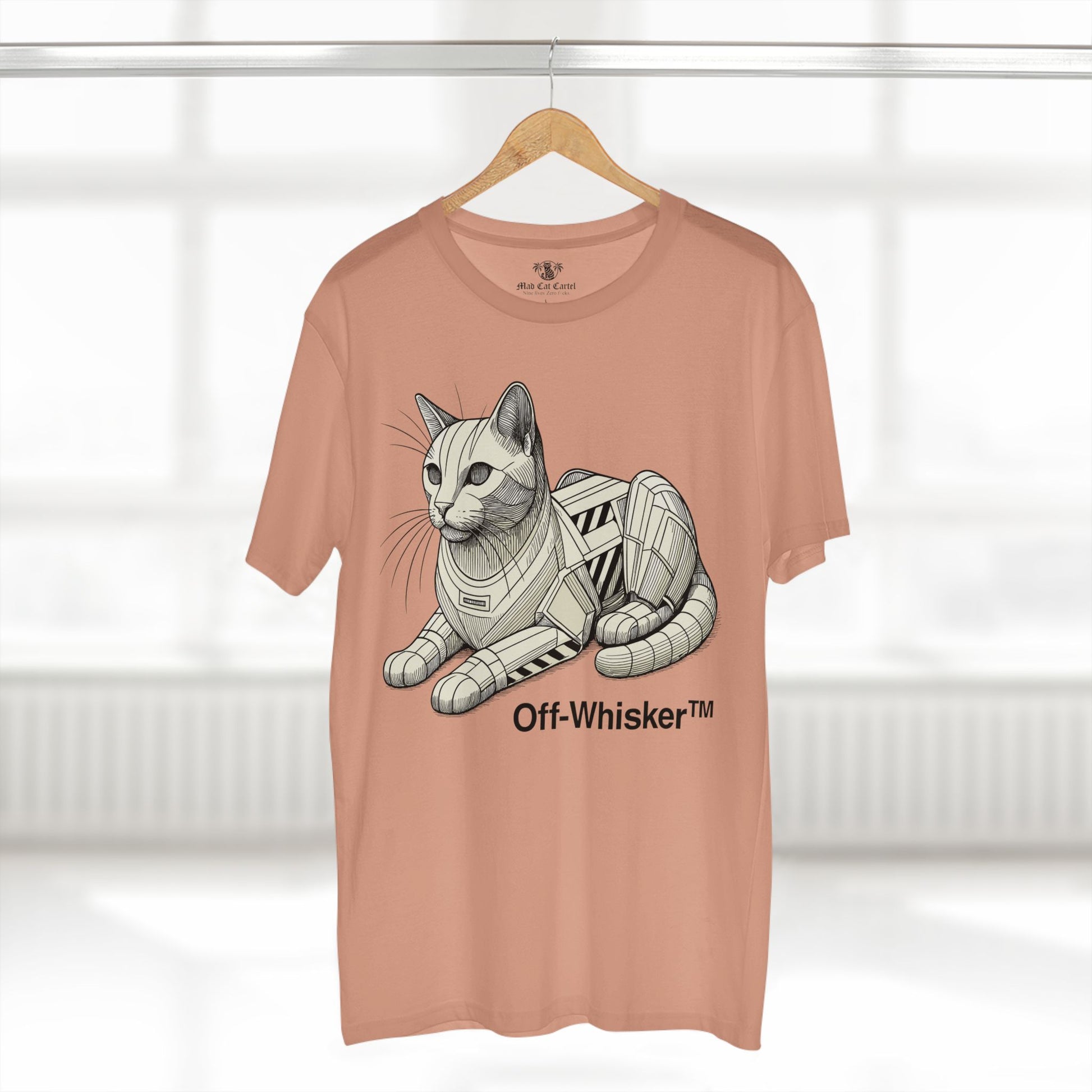 Pale pink Off-Whisker Mecha Cat Unit t-shirt on hanger – shirts for cat lovers, cat t shirts for guys