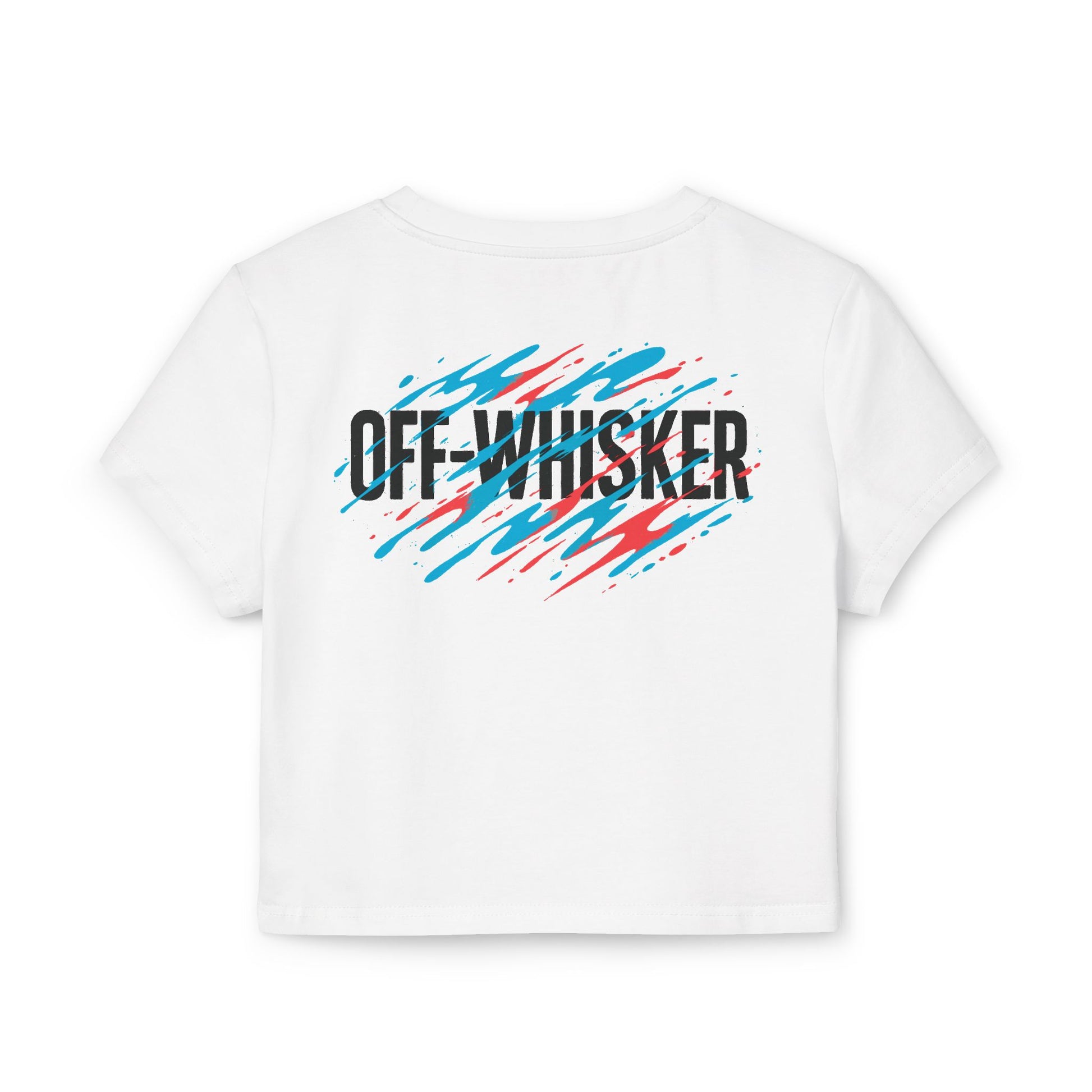Off-Whisker Yokai Flame Cat Graphic Women's Baby Tee White, back view with Off-Whisker text