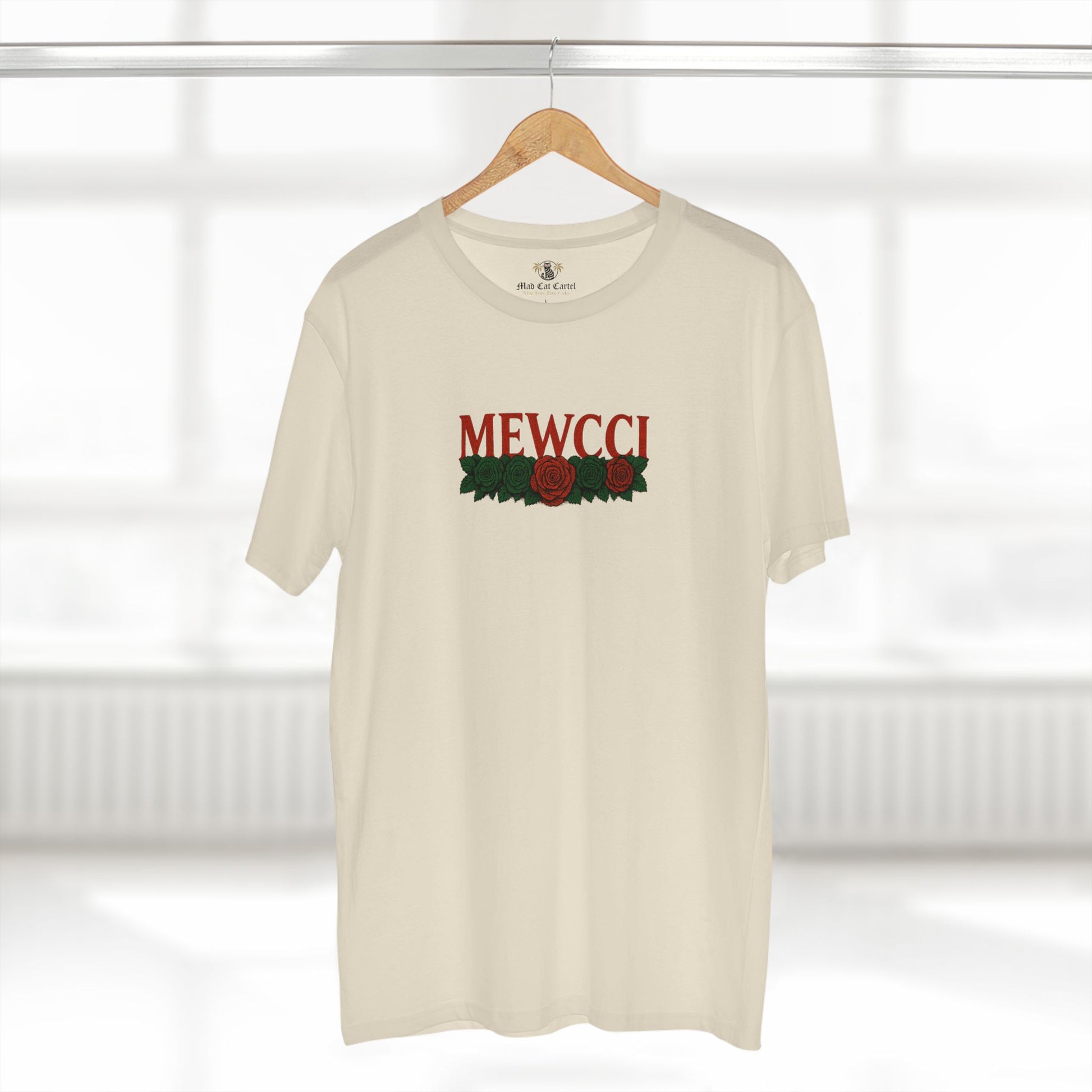 Mewcci Floral Vision Cat Graphic T Shirt on hanger in Natural – cat themed shirt, cat graphic tee, items for cat lovers, flower graphic shirt