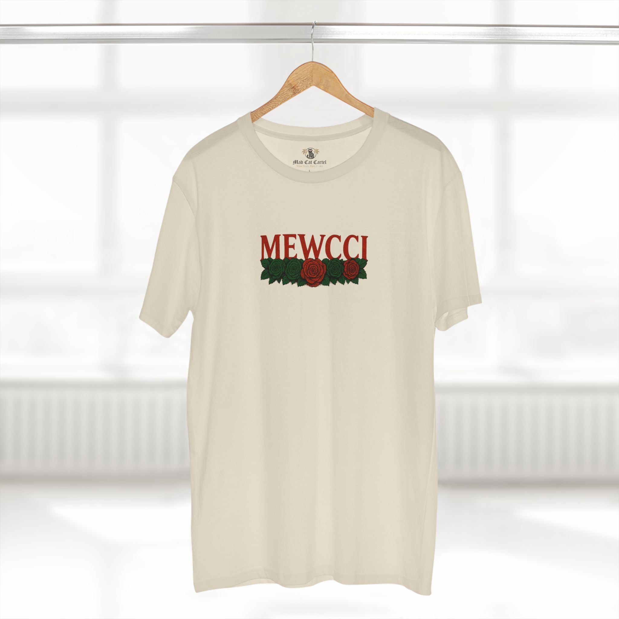 Mewcci Floral Vision Cat Graphic T Shirt on hanger in Natural – cat themed shirt, cat graphic tee, items for cat lovers, flower graphic shirt