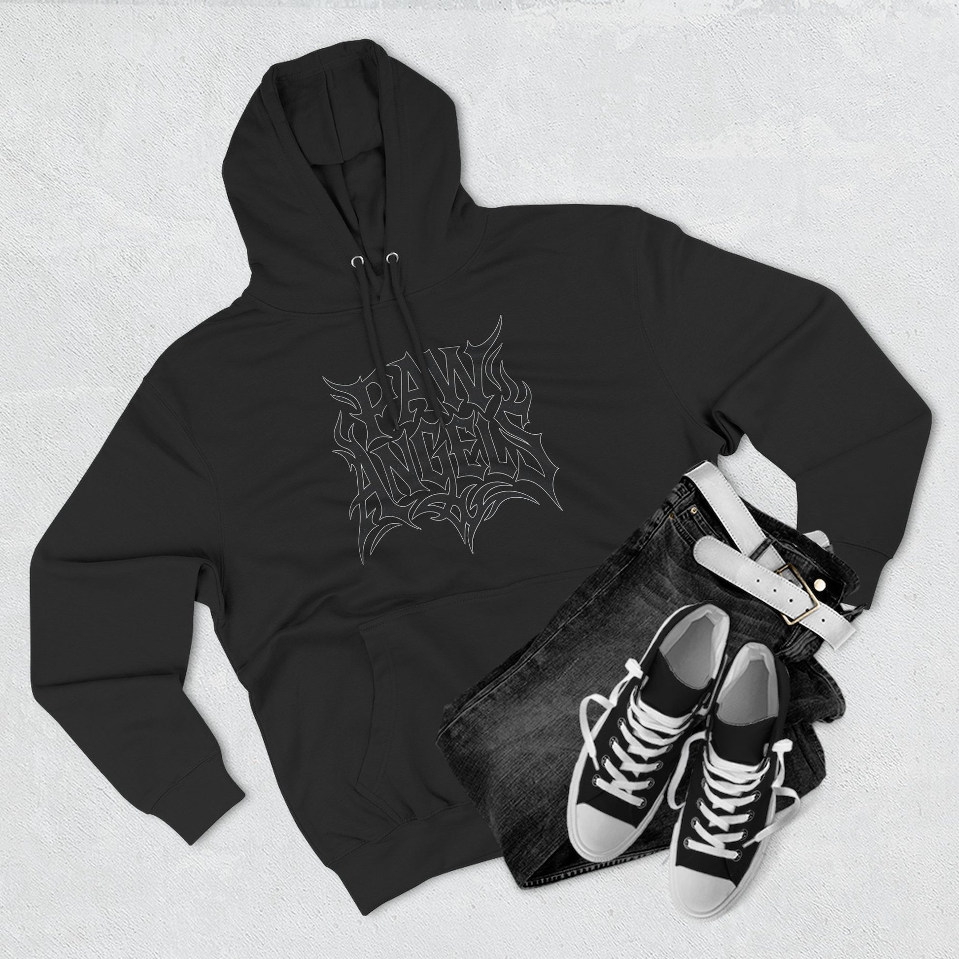 Flat lay of Paw Angels Tribal Logo graphic hoodie in black, women's cat hoodie