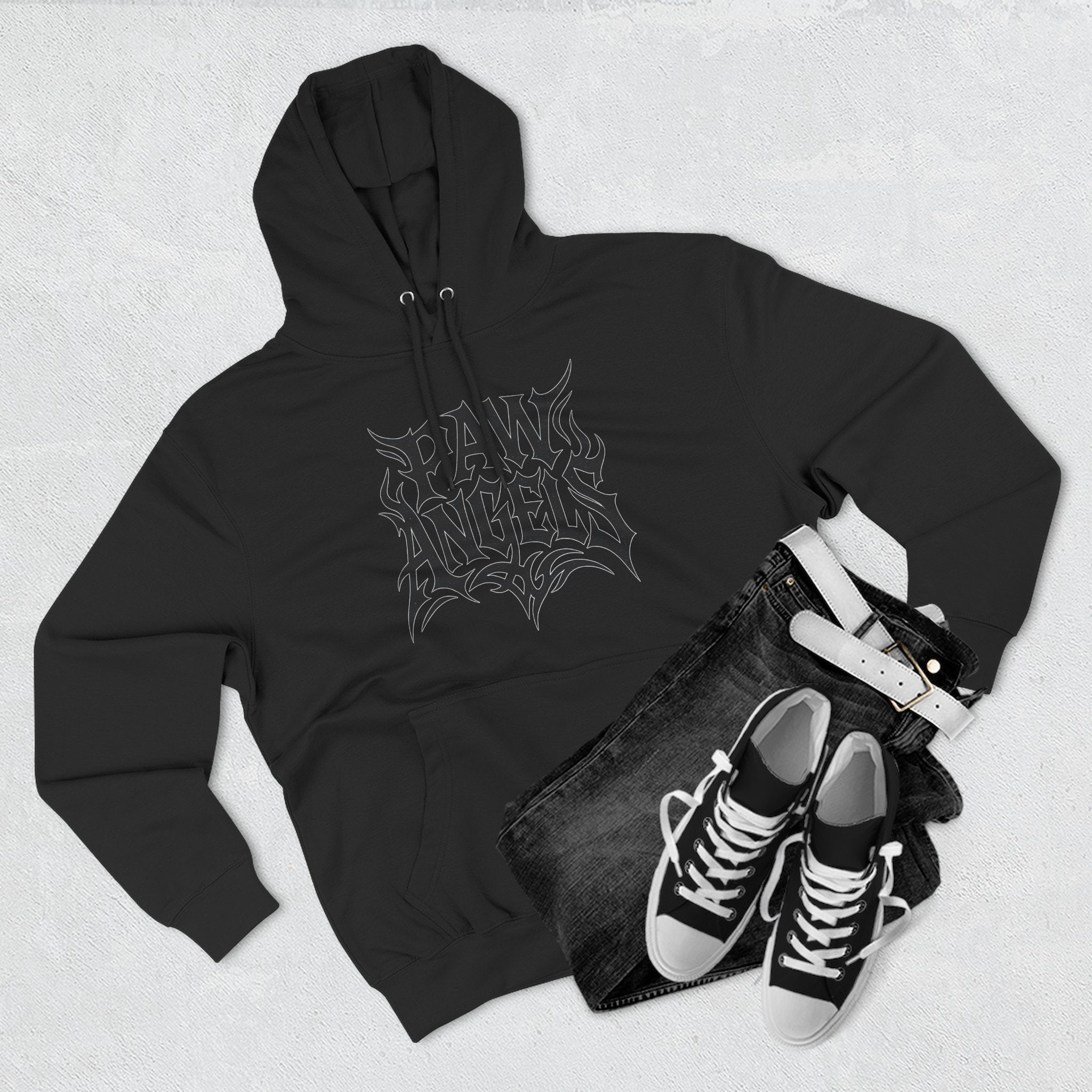 Flat lay of Paw Angels Tribal Logo graphic hoodie in black, women's cat hoodie