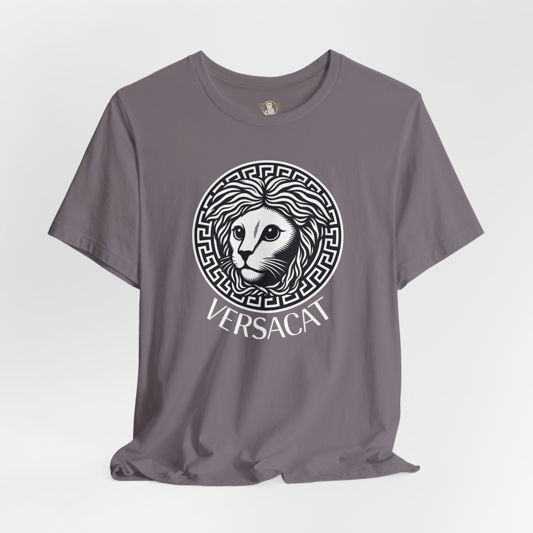 Storm grey Versacat Medusa cat t-shirt with emblem design
