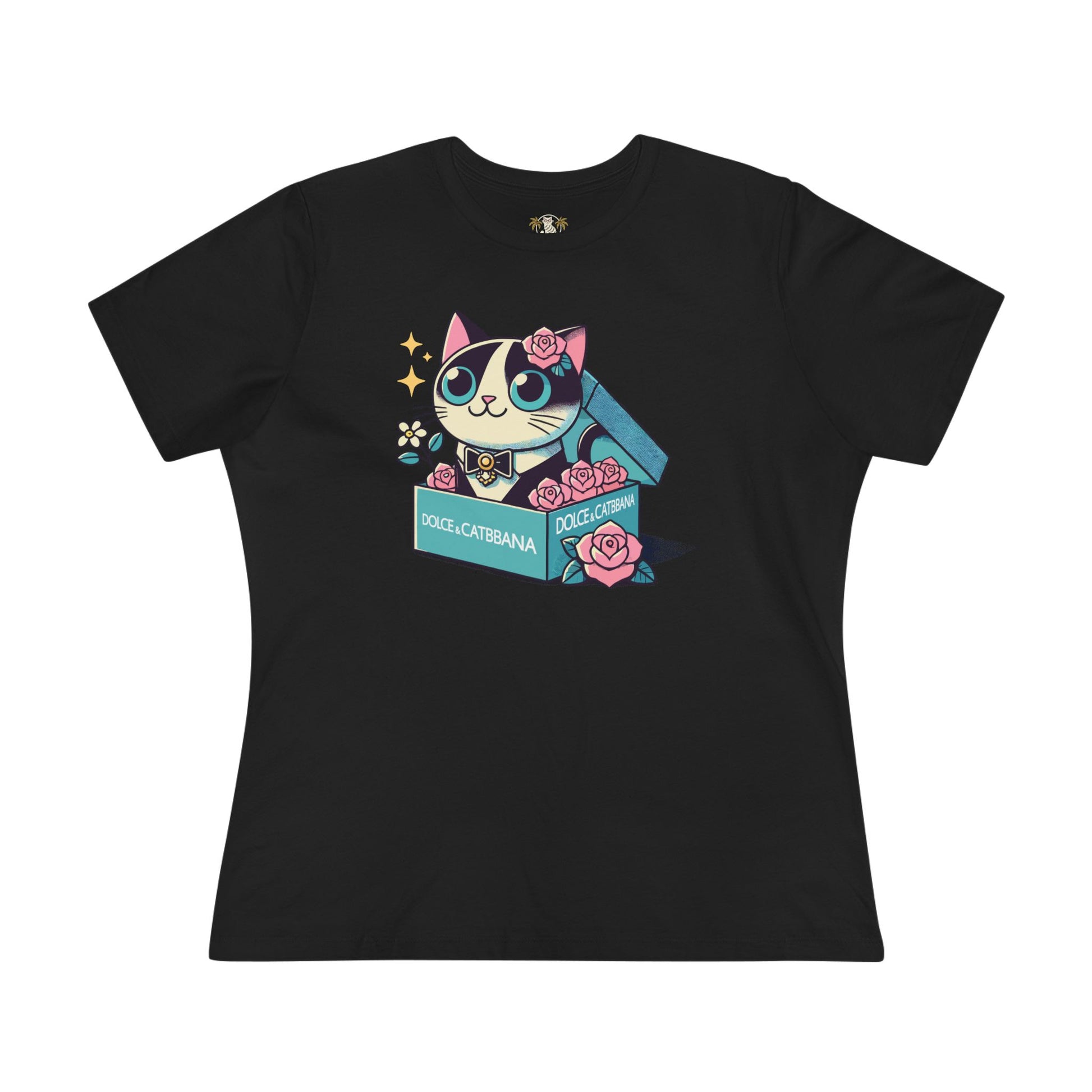 Black cat print clothing Dolce & Catbana Rose Box graphic tee front view