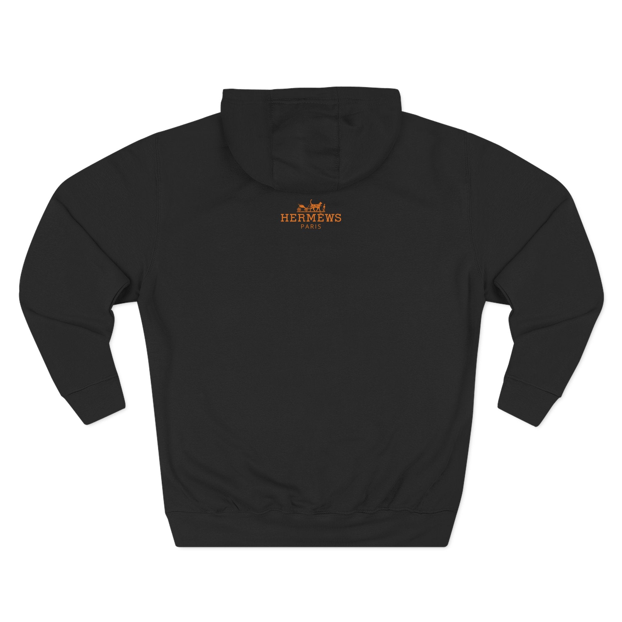 Back view of Hermèws black hoodie with sunset cat artwork, cat theme clothes