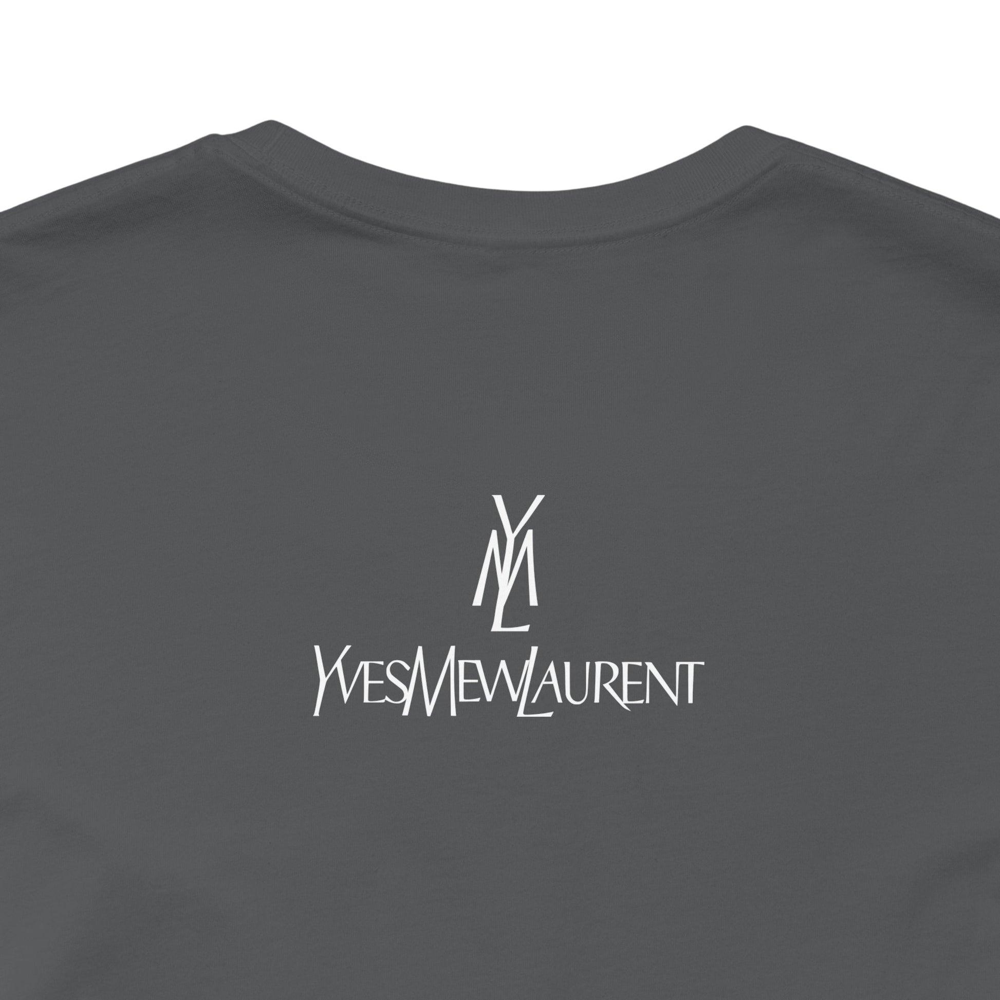 back view detail logo close up cats gray t shirt, fun graphic detail