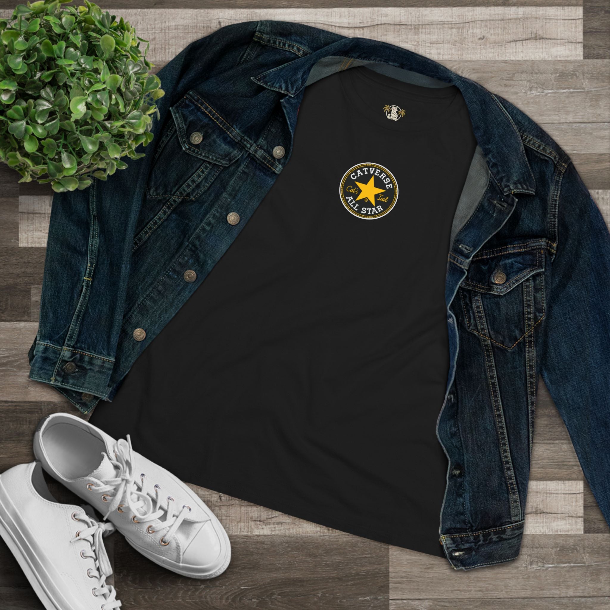 T shirt with cats, black women’s tee with denim jacket flat lay