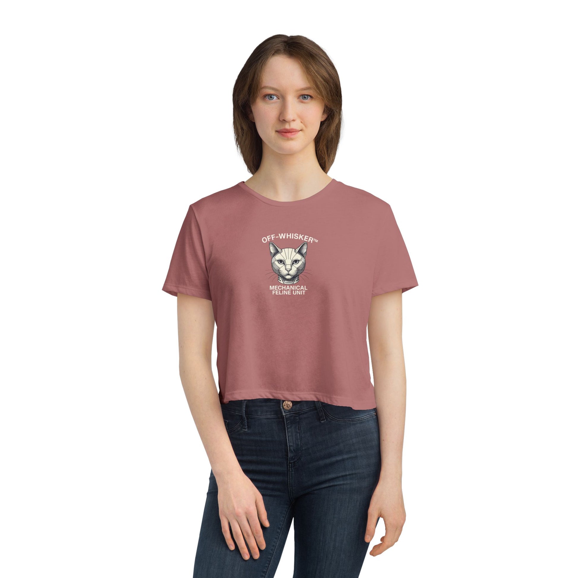 Female model wearing Off-Whisker Mechanical Feline Unit Graphic Women's Flowy Crop Top Mauve, cat graphic crop top womens fit
