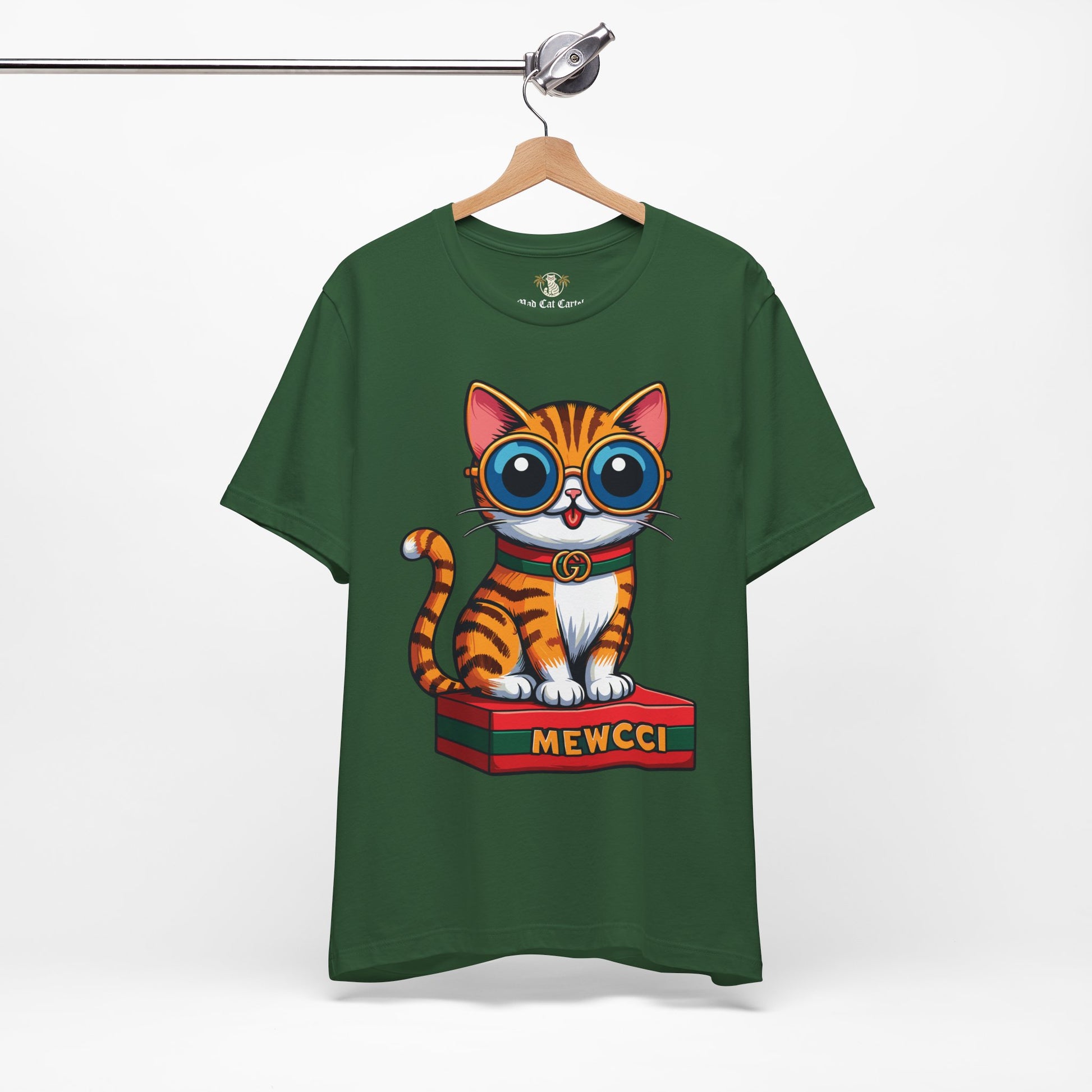 Evergreen Mewcci Iconic Box Cat Graphic T-Shirt hanging – funny tee for cat lovers