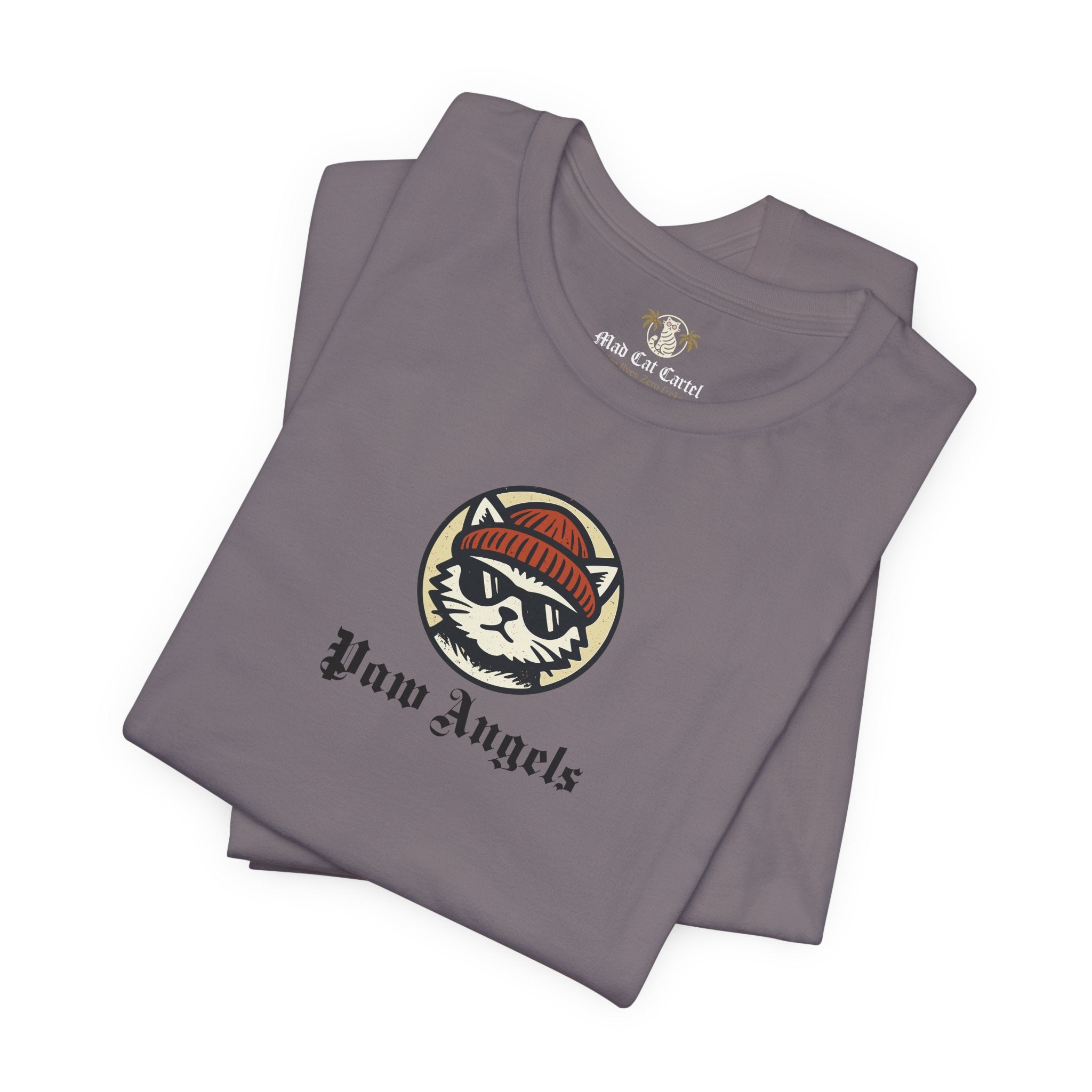 Folded storm grey Paw Angels Born to Fly street angel cat t-shirt – cat tee shirts womens