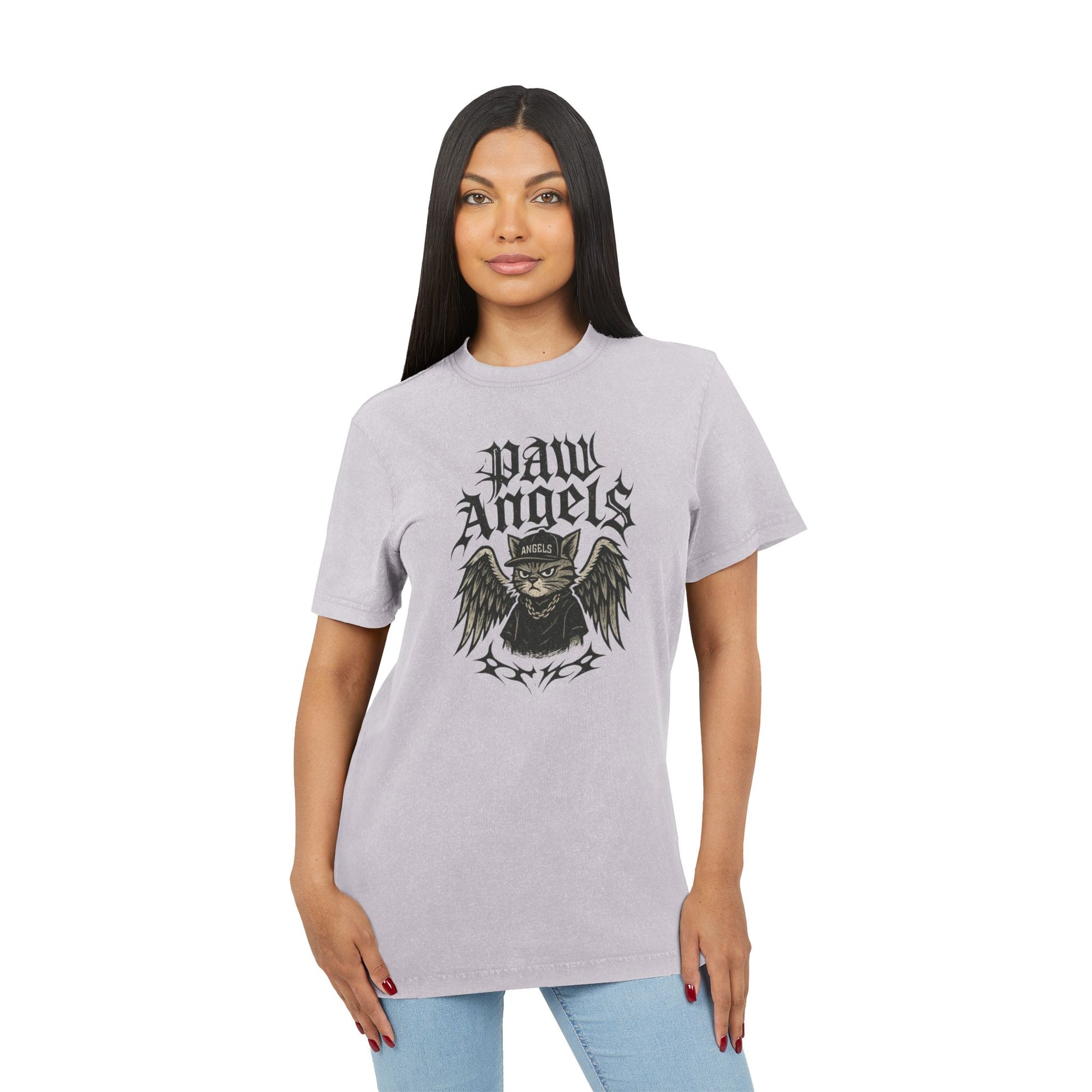Paw Angels Rebel Angel Acid Washed T-Shirt on female model front, unisex graphic cat tee