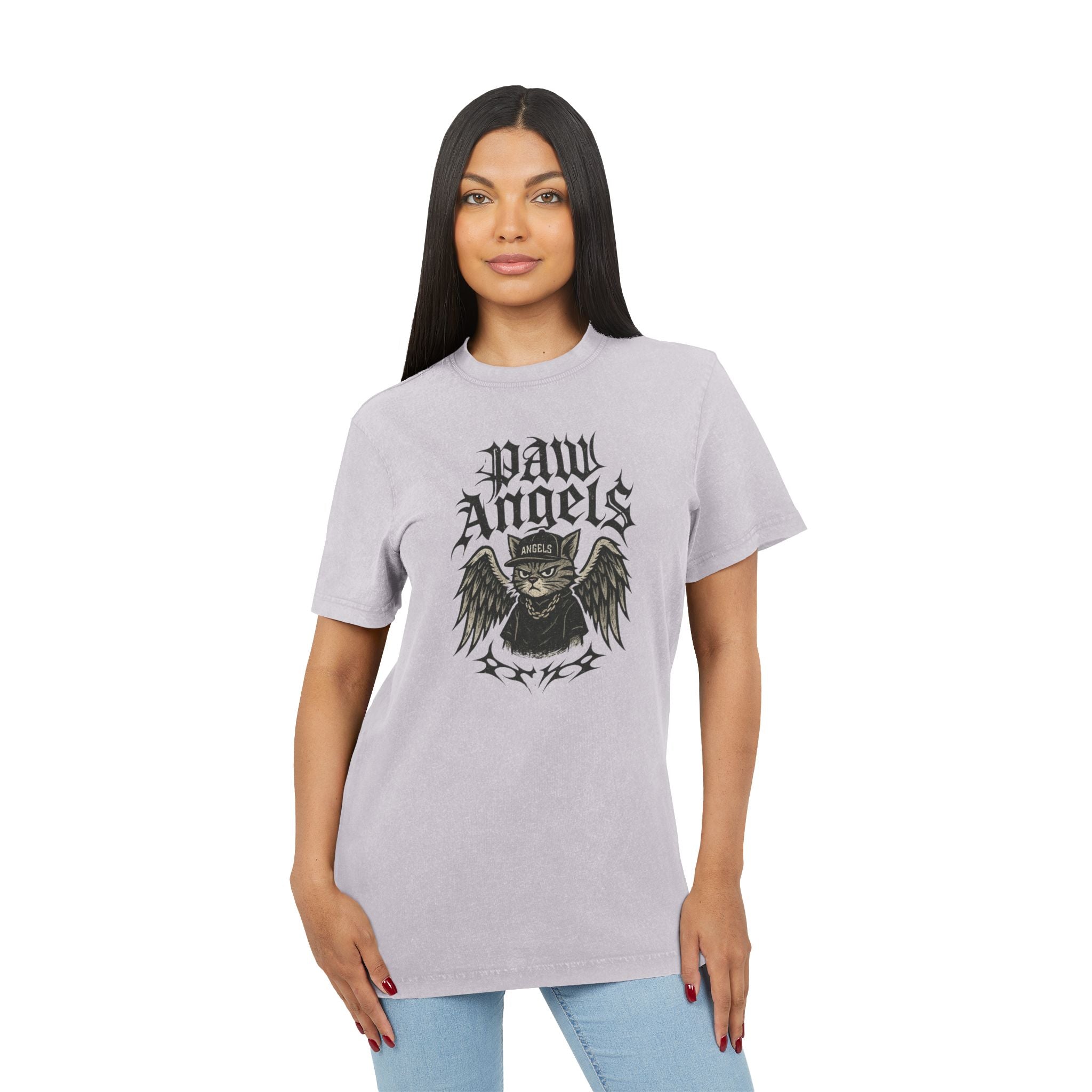 Paw Angels Rebel Angel Acid Washed T-Shirt on female model front, unisex graphic cat tee