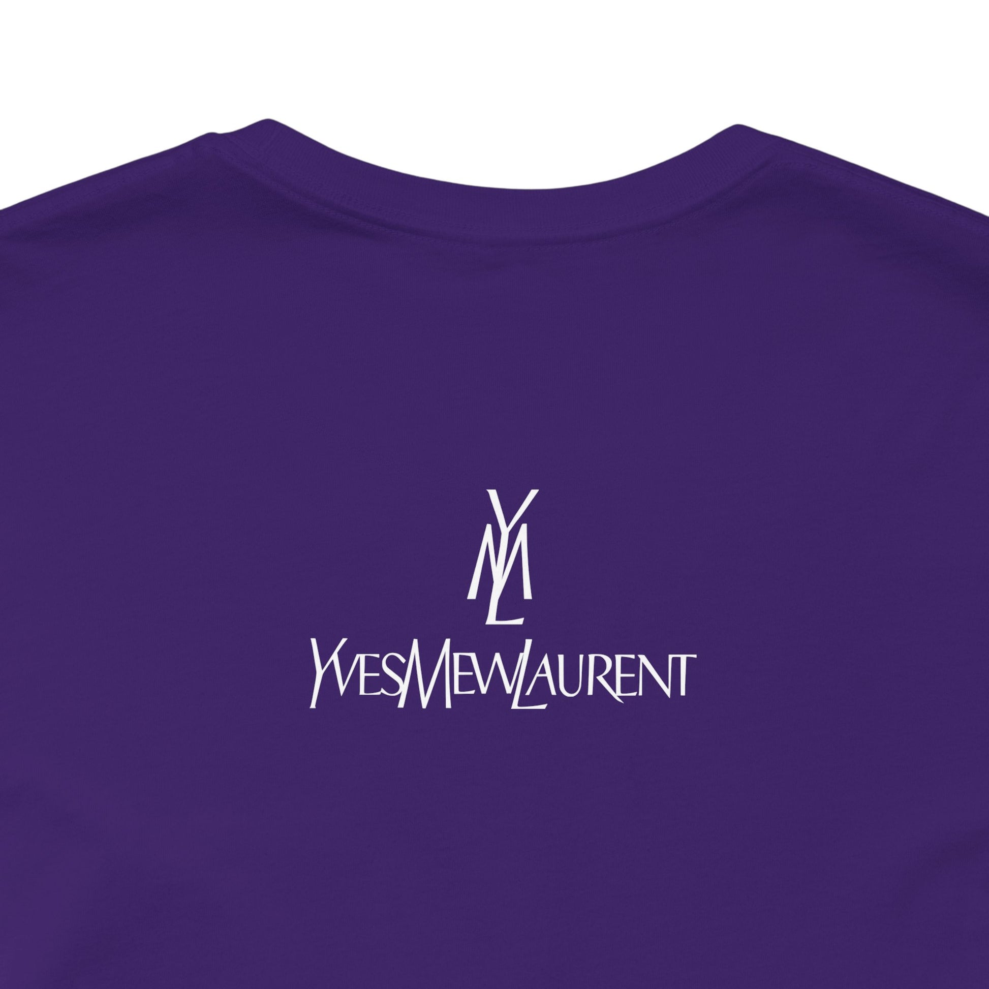 back view logo close up, team purple chill cats t shirt, breathable cotton, cat lover apparel