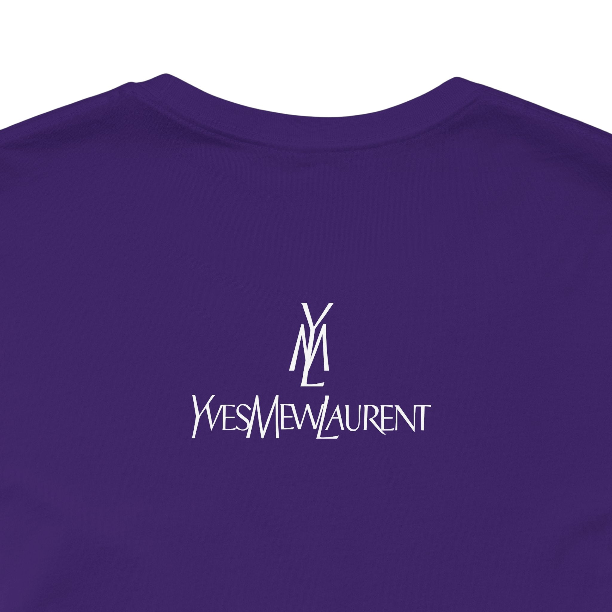 back view logo close up, team purple chill cats t shirt, breathable cotton, cat lover apparel