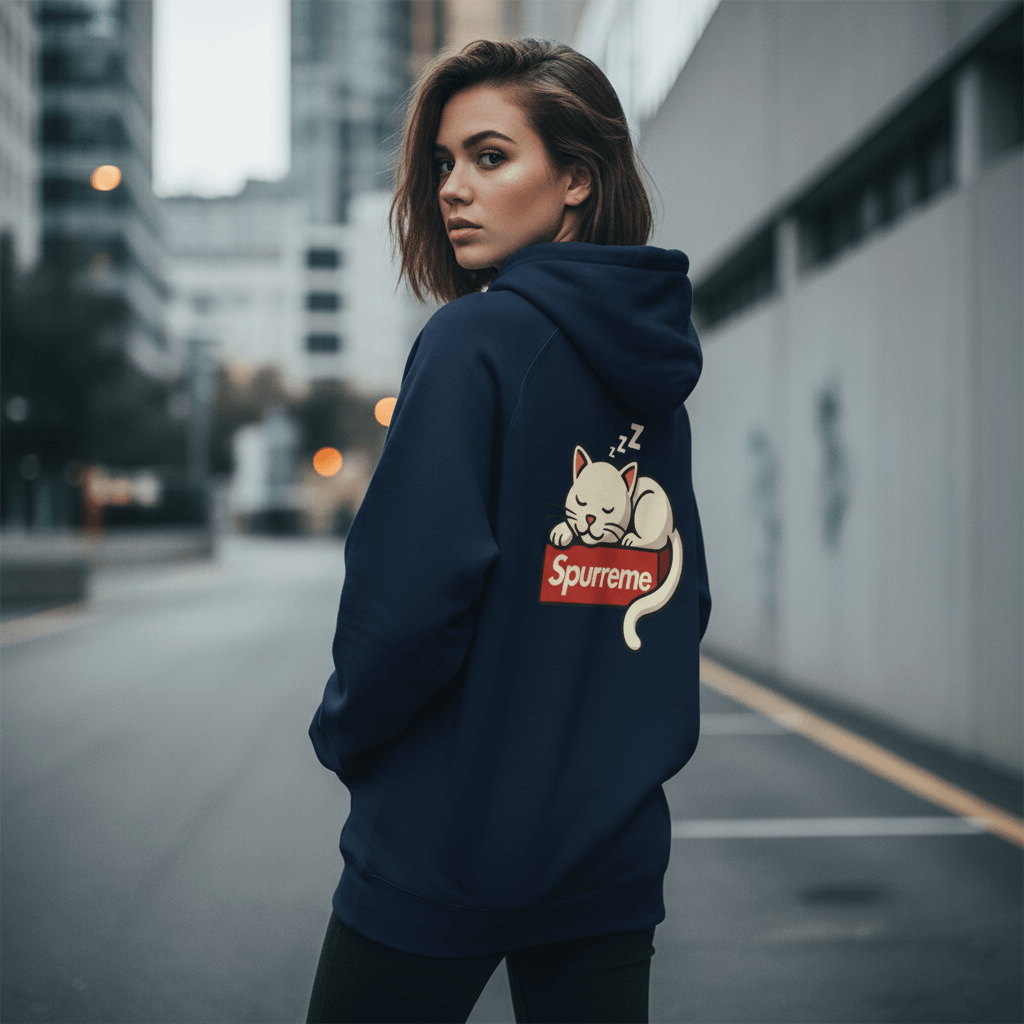 back view Spurreme Lucky Cat Box Logo Graphic Hoodie in Navy Blue color stylish cat lovers hoodie