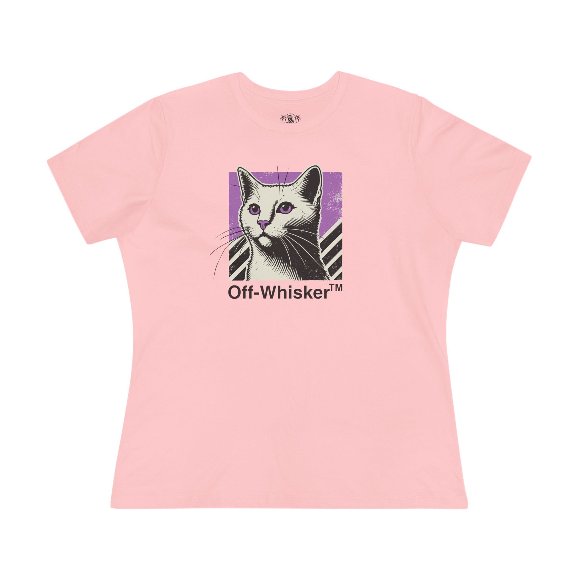 Off-Whisker Purple Vision Cat Graphic Women's T Shirt, pink cat tee shirts womens front view ladies