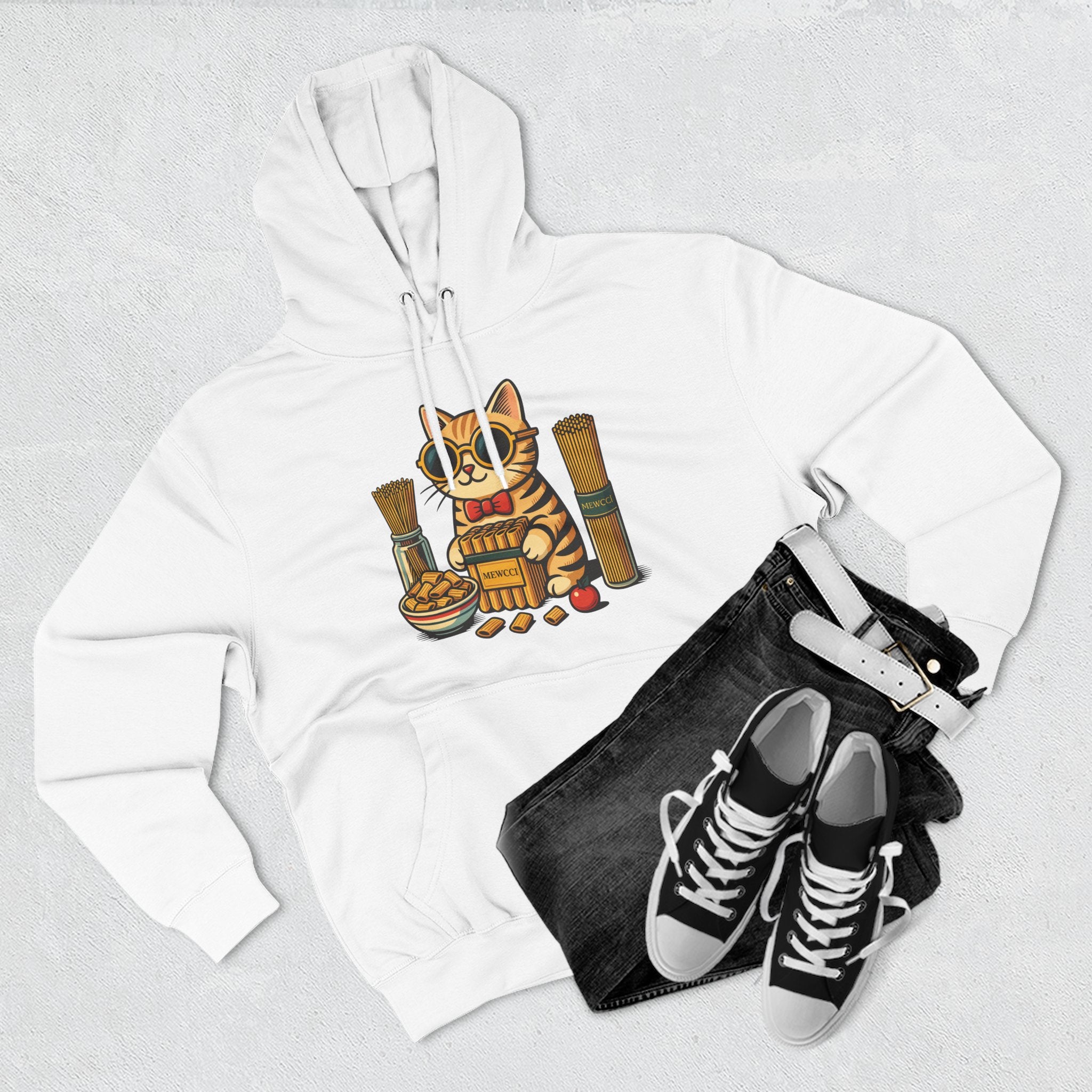Flat lay of Mewcci pasta chef cat white hoodie with sneakers, things to get cat lovers