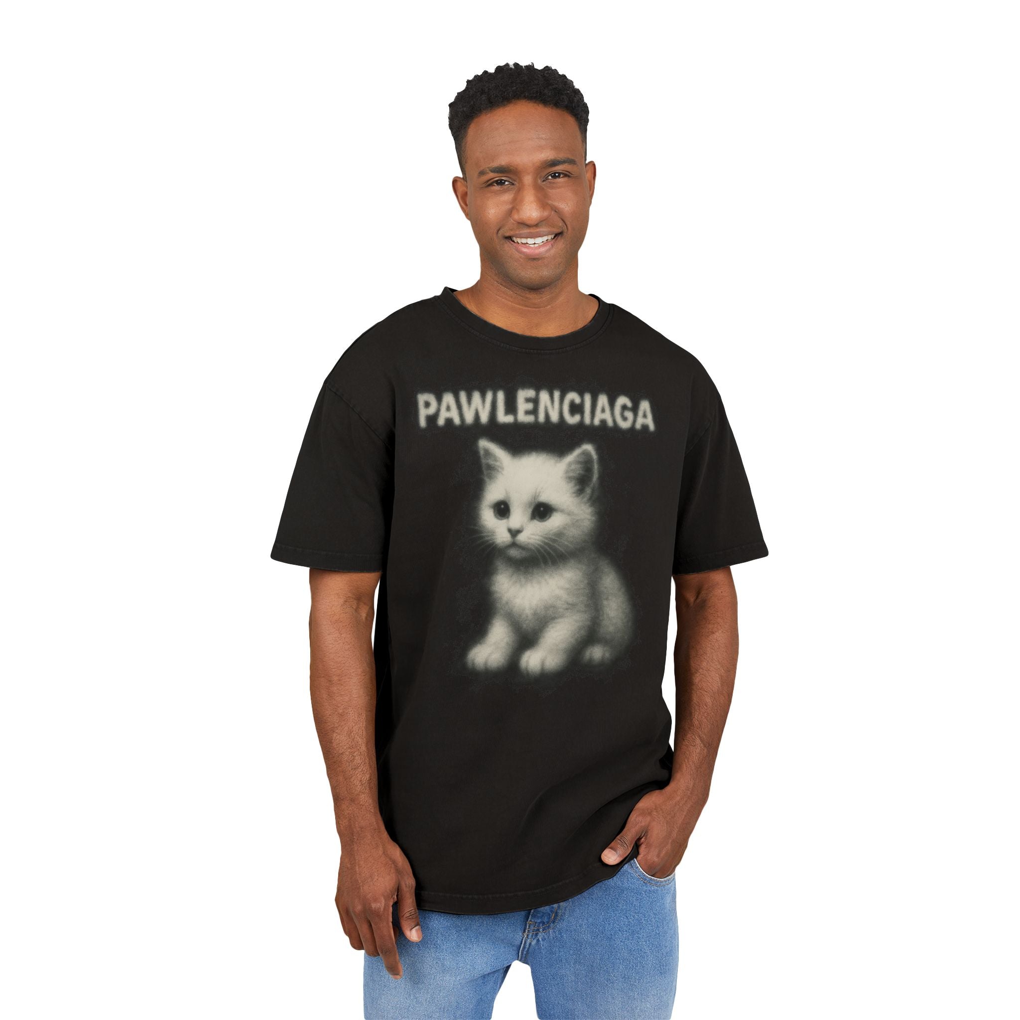 Male model wearing Pawlenciaga White Aura Kitty Print Graphic Acid Washed Oversized T-Shirt Black, cat lover t shirt