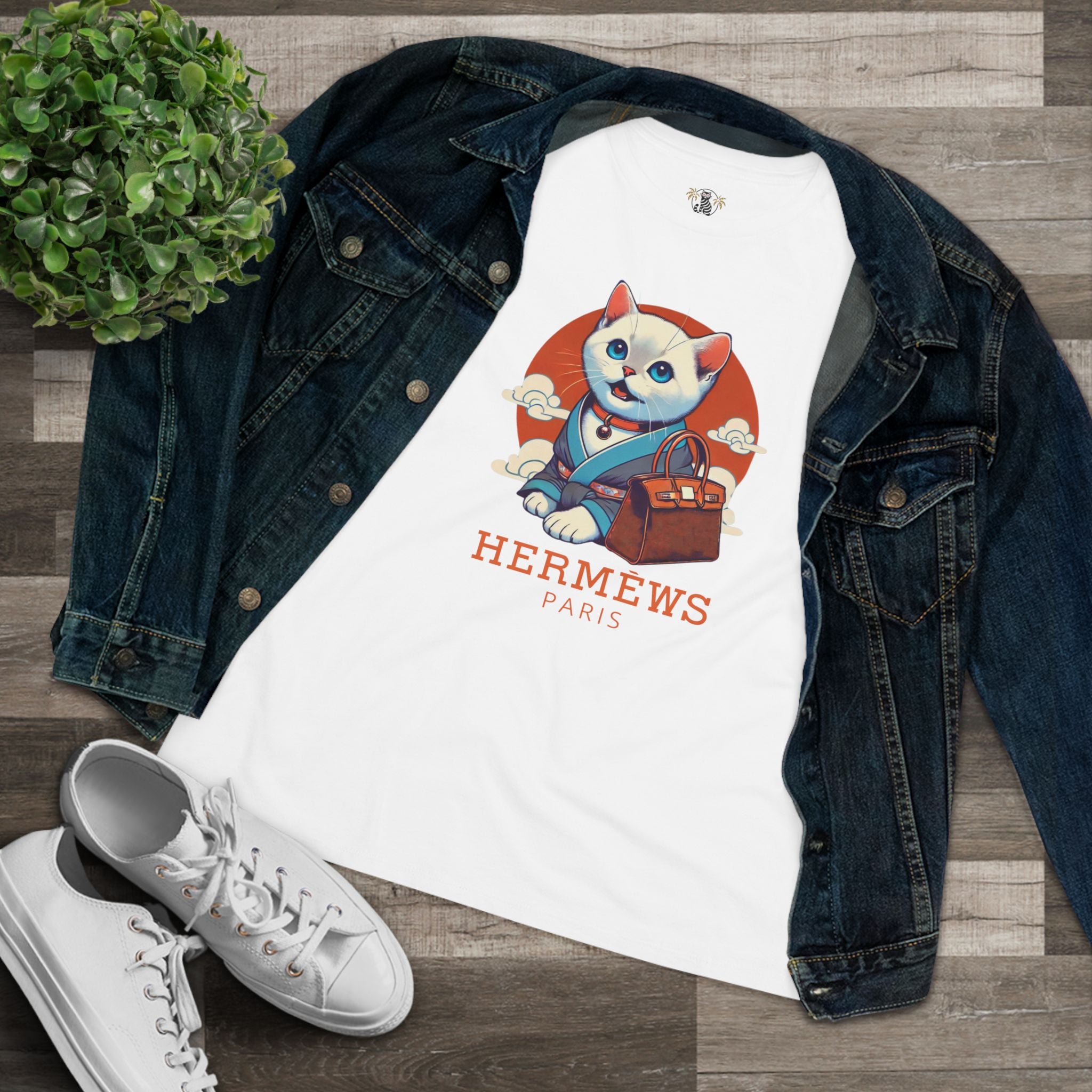 Flat lay Hermèws Paris Cat White Graphic T Shirt with denim jacket