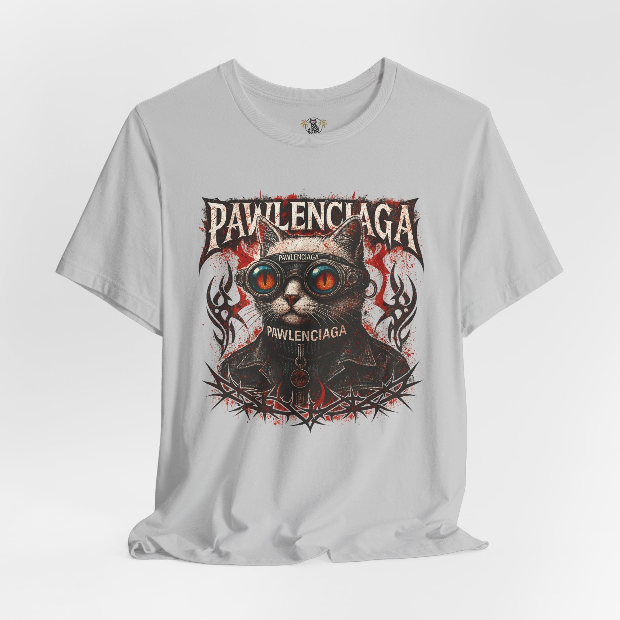 Pawlenciaga Apocalypse Cat Graphic T Shirt in Solid Athletic Grey, styled flat lay front view, cat themed shirts, cool mens t shirts, shirts for cat lovers