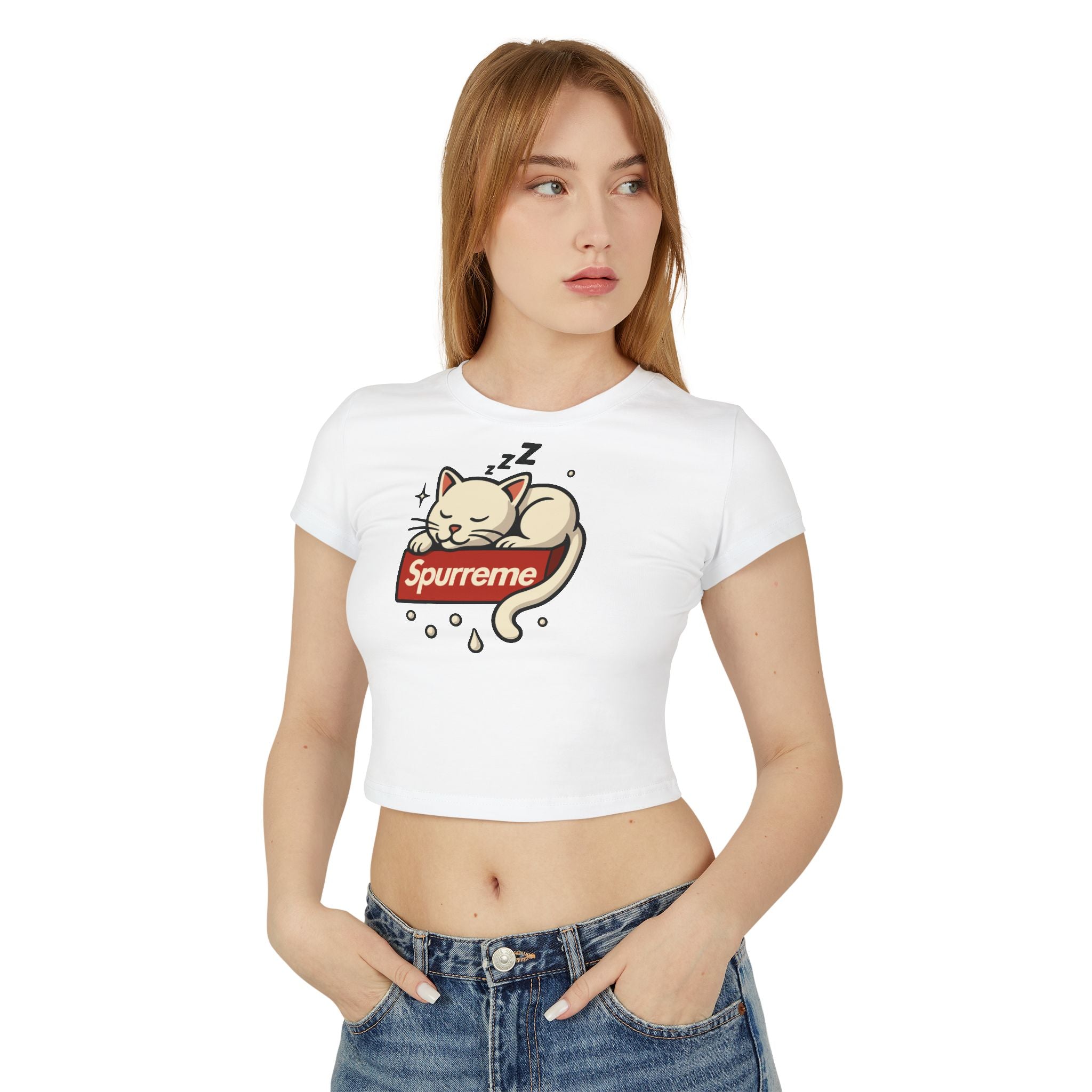 female model front view in white cat graphic tee, casual crop top outfit
