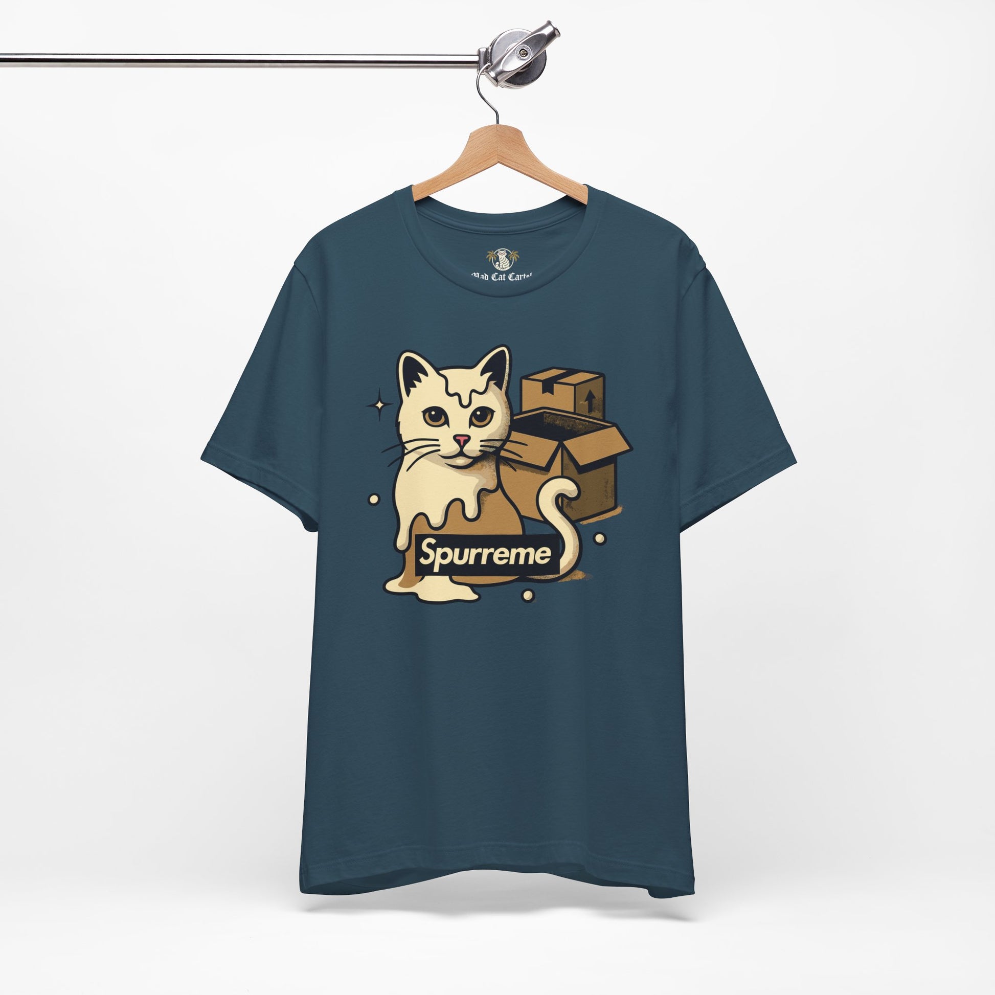 Deep teal t shirt hanging clothes with cats on them