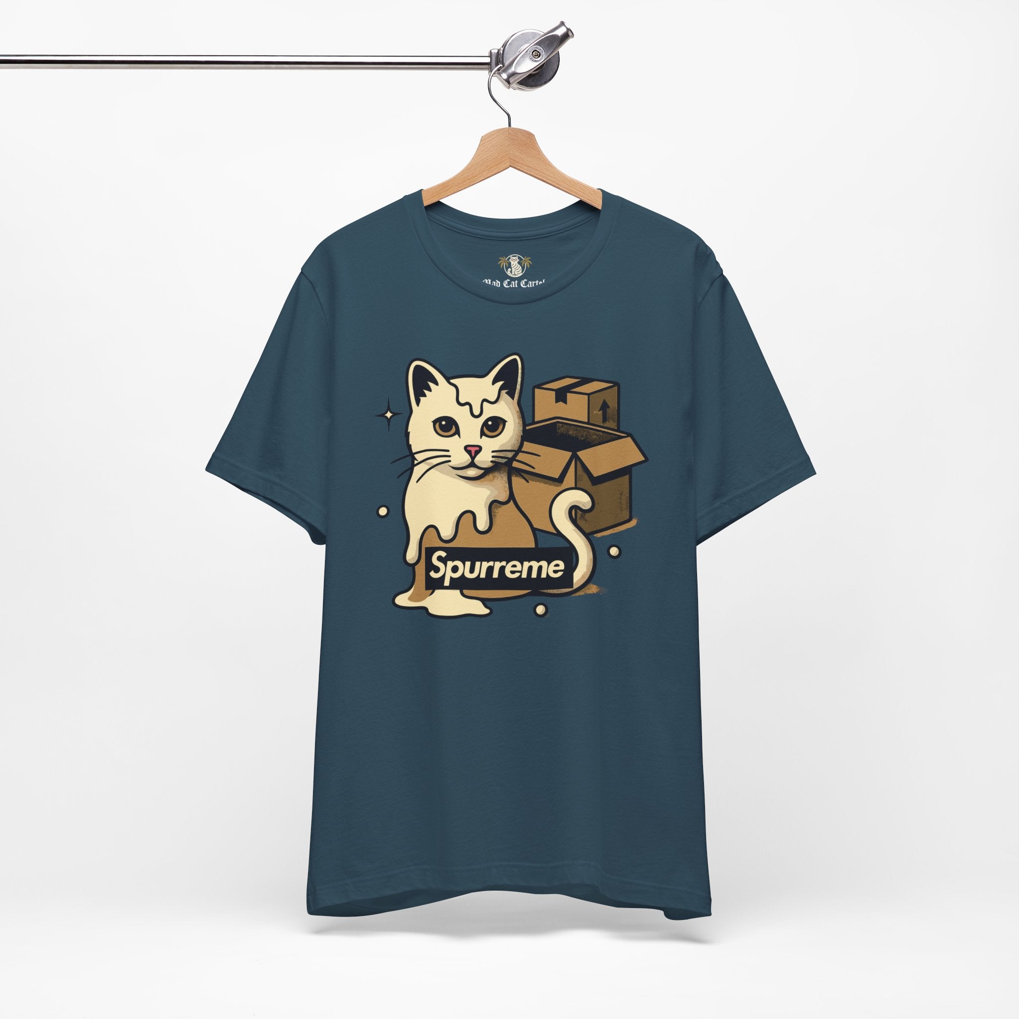 Deep teal t shirt hanging clothes with cats on them
