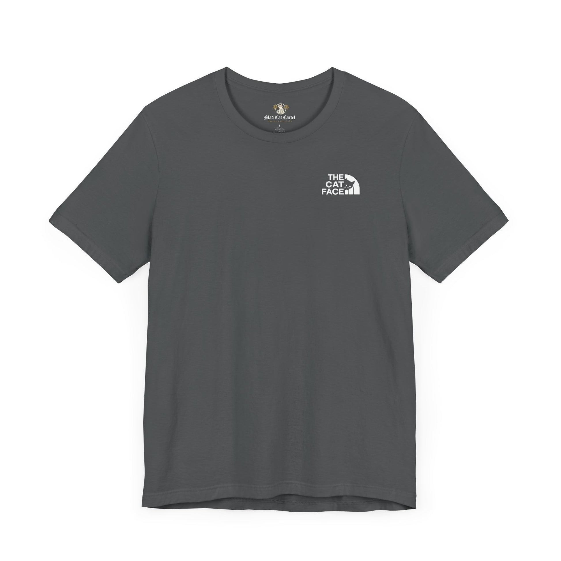 The Cat Face Classic Mini Chest Logo T-Shirt asphalt gray – cat lady tee flat lay plain
