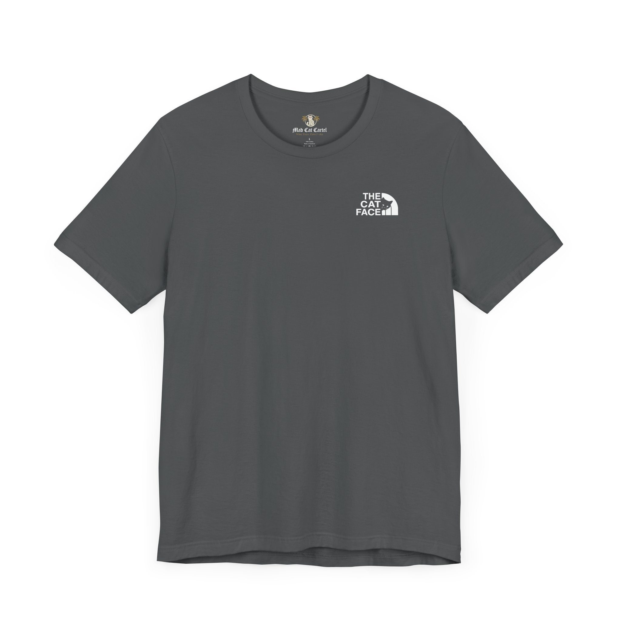 The Cat Face Classic Mini Chest Logo T-Shirt asphalt gray – cat lady tee flat lay plain