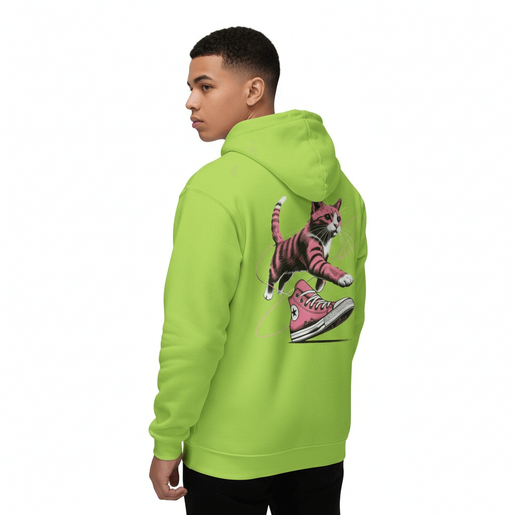 Back view of Catverse lime green hoodie with cat graphic, cat themed clothes for humans